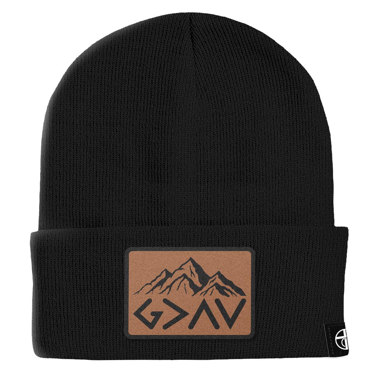 God Is Greater Than The Highs And Lows Mountain Leather Patch Beanies - Our True God