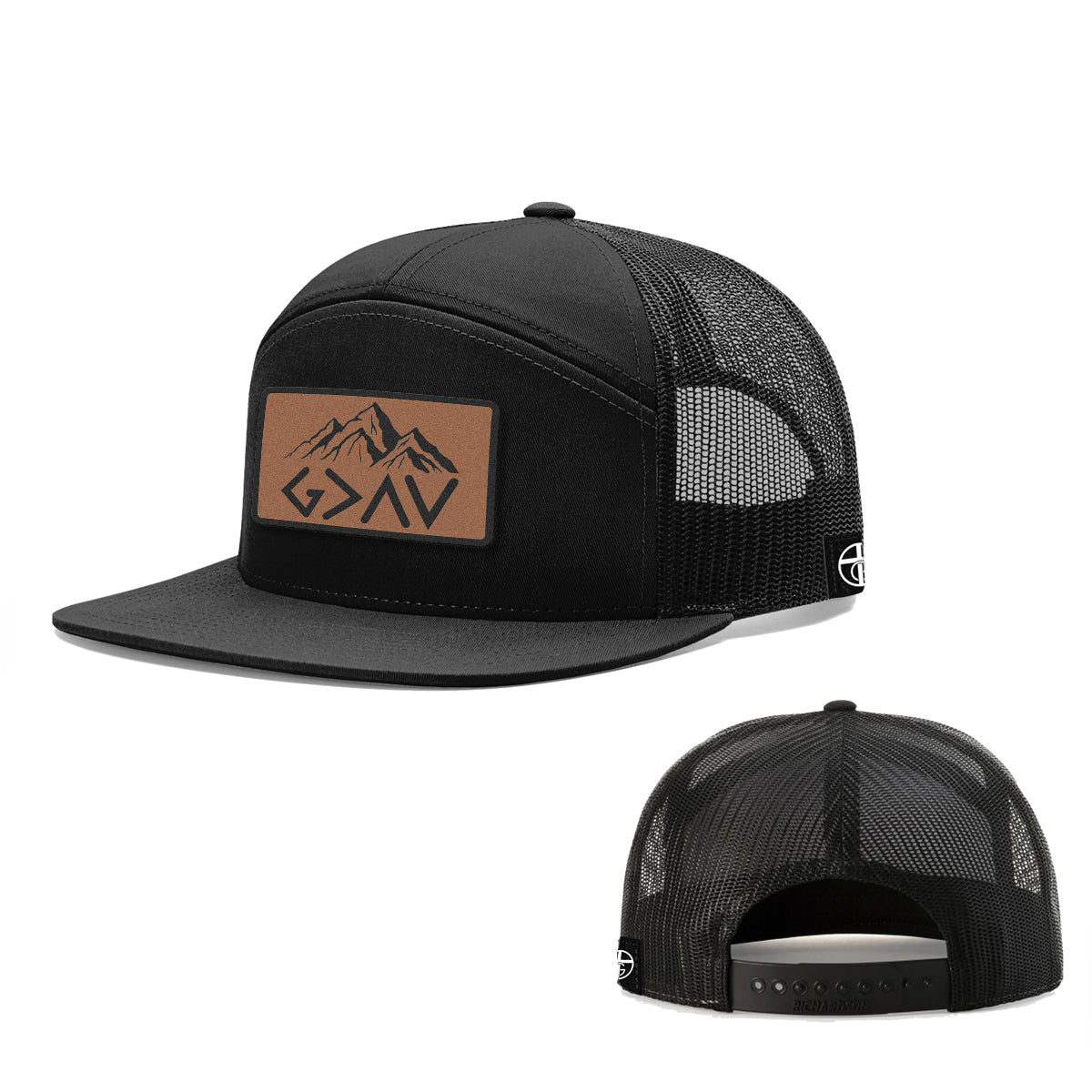 God Is Greater Than The Highs And Lows Mountain Leather Patch 7 Panel Hats