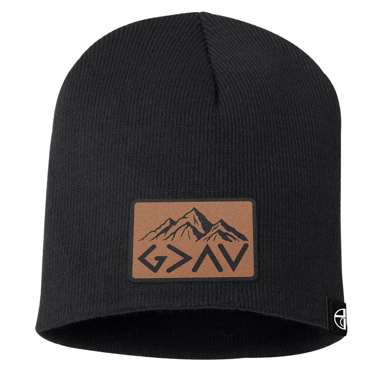 God Is Greater Than The Highs And Lows Mountain Leather Patch Beanies - Our True God