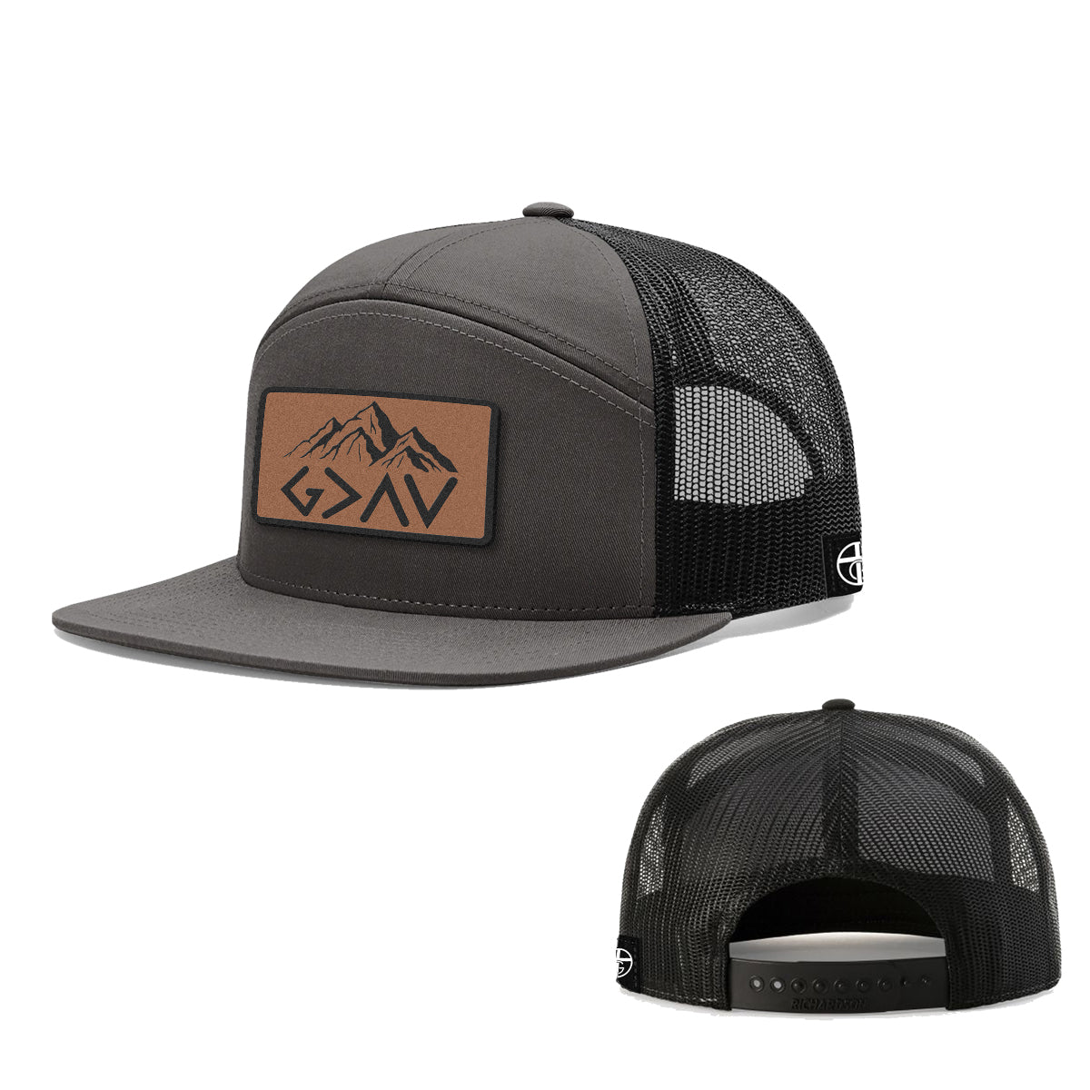 God Is Greater Than The Highs And Lows Mountain Leather Patch 7 Panel Hats