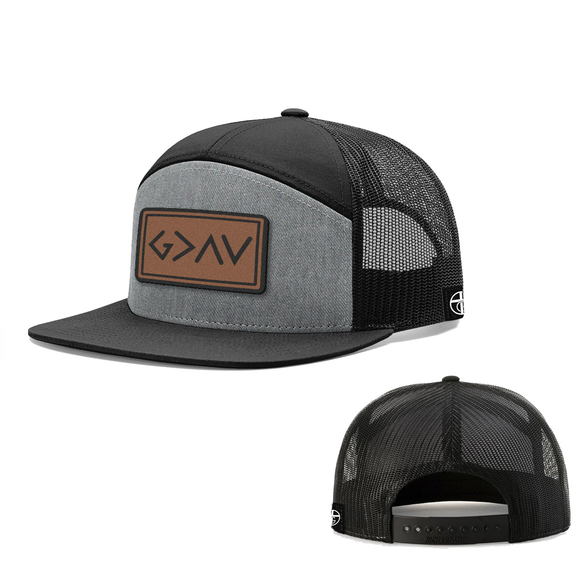 God is Greater Than High and Lows Leather Patch 7 Panel Hats