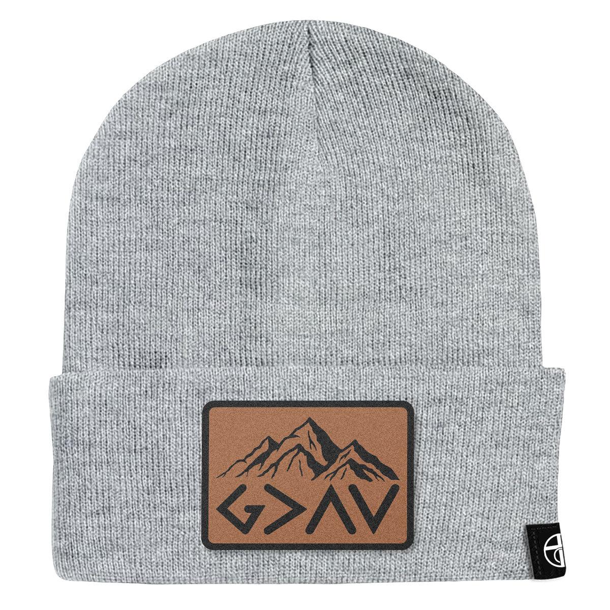 God Is Greater Than The Highs And Lows Mountain Leather Patch Beanies - Our True God