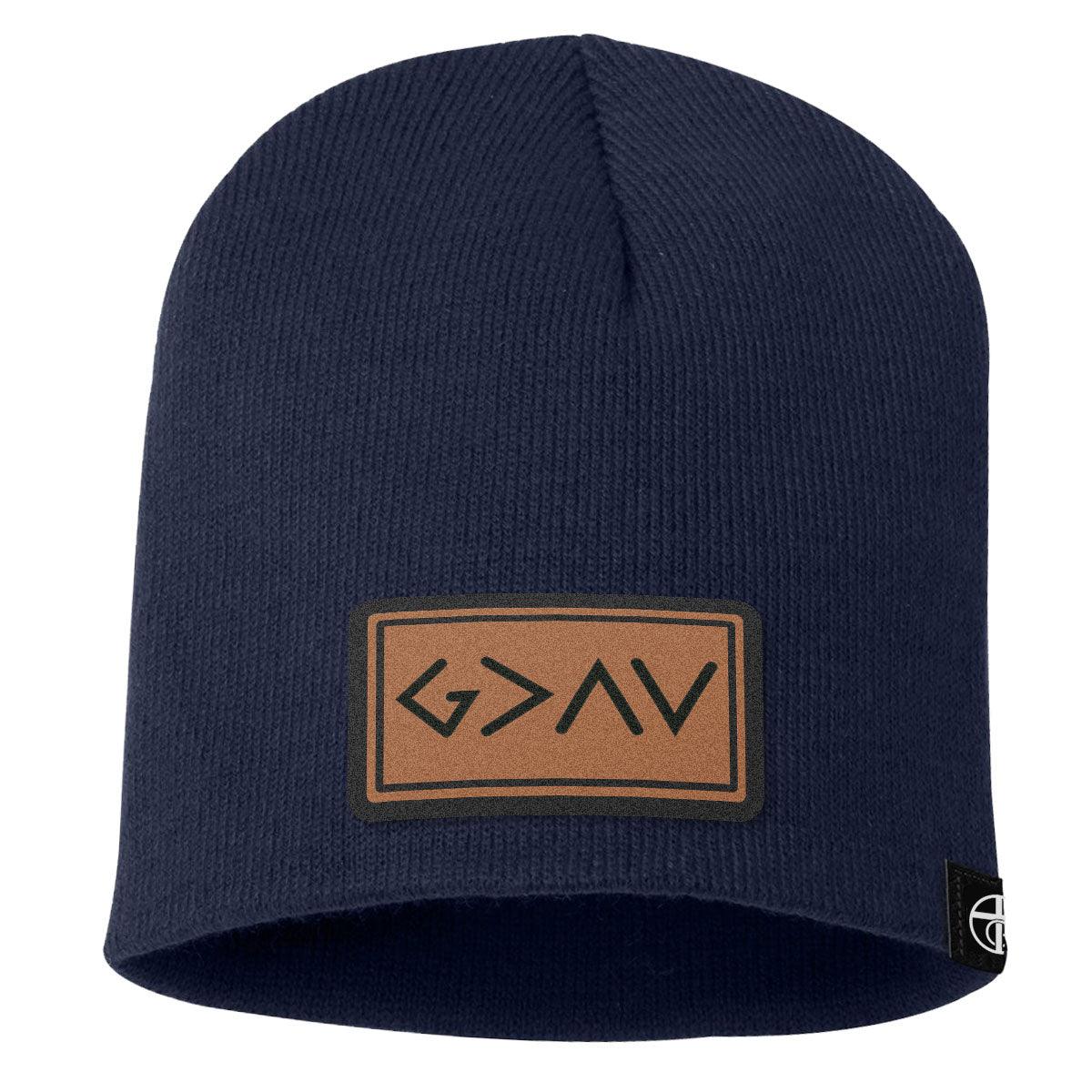 God is Greater Than High and Lows Leather Patch Beanies - Our True God