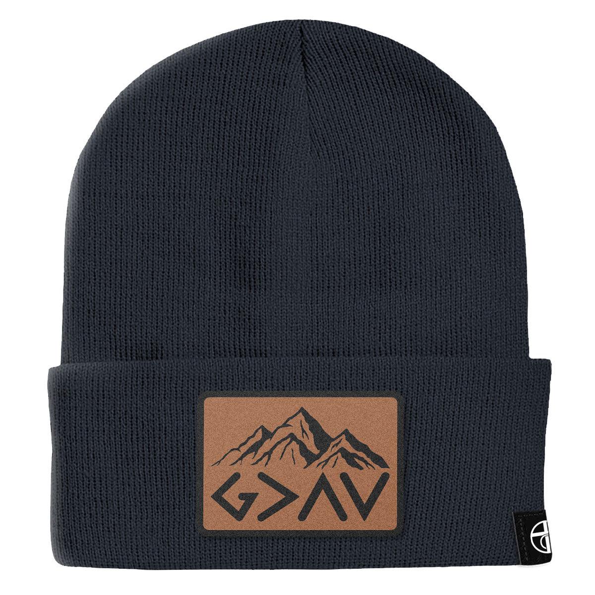 God Is Greater Than The Highs And Lows Mountain Leather Patch Beanies - Our True God