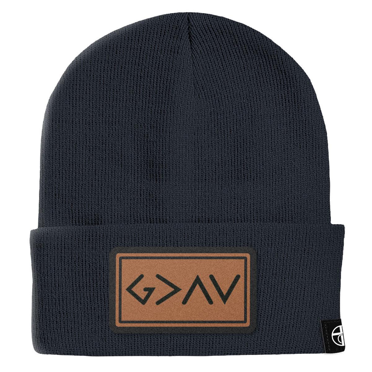 God is Greater Than High and Lows Leather Patch Beanies - Our True God