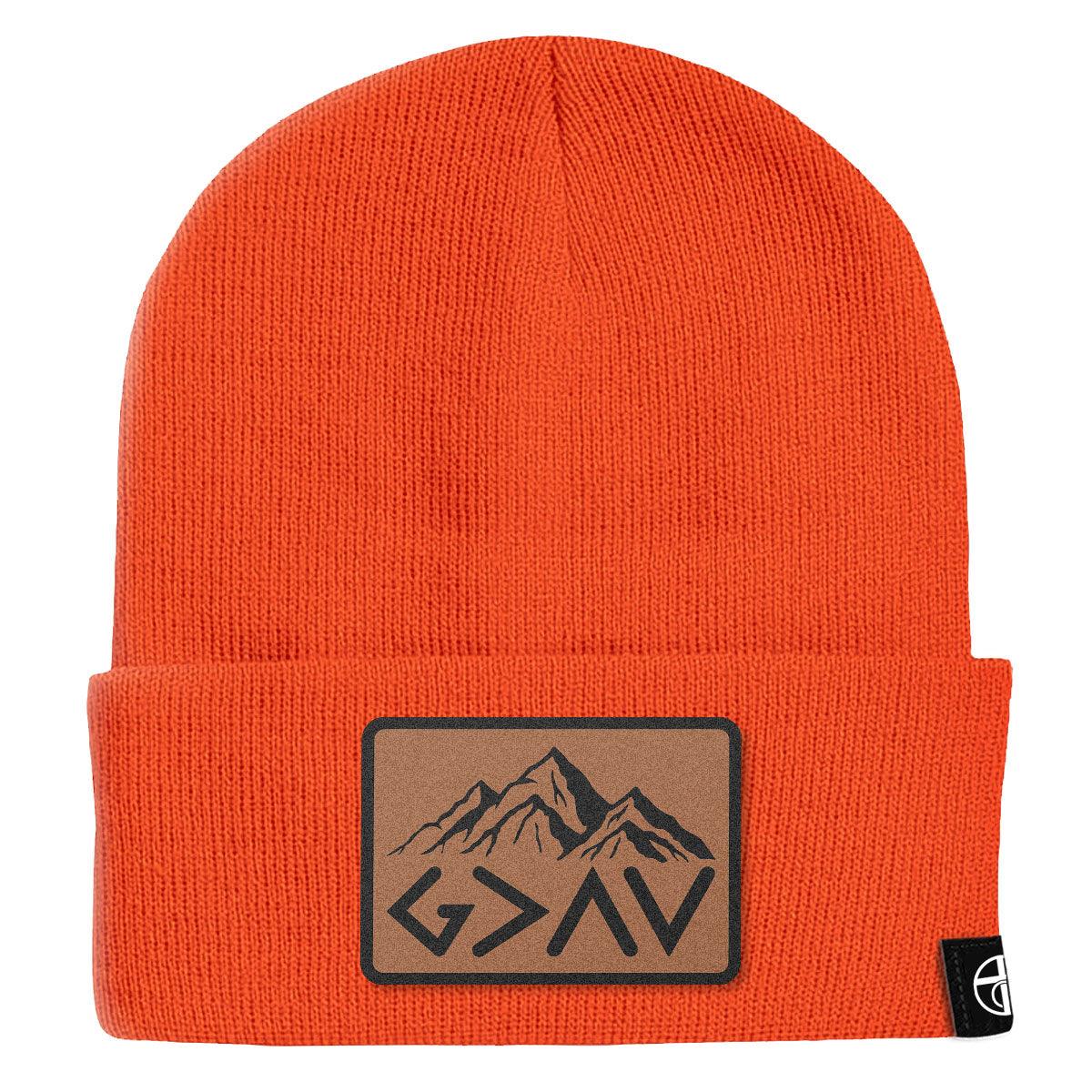 God Is Greater Than The Highs And Lows Mountain Leather Patch Beanies - Our True God