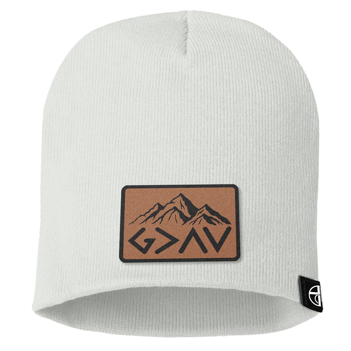 God Is Greater Than The Highs And Lows Mountain Leather Patch Beanies - Our True God