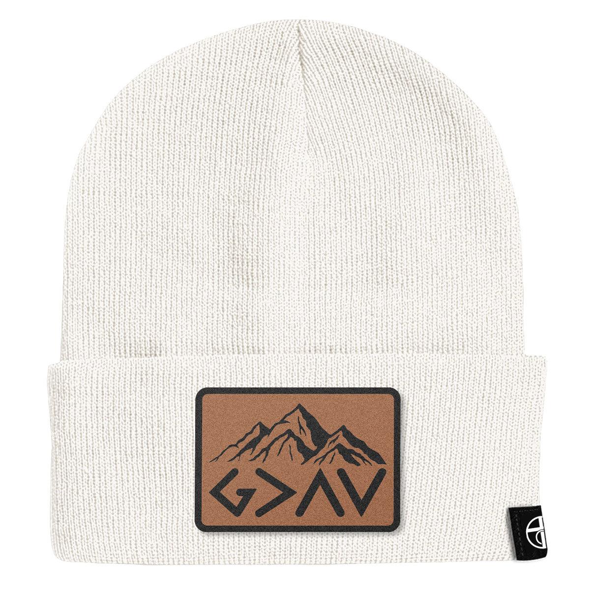 God Is Greater Than The Highs And Lows Mountain Leather Patch Beanies - Our True God