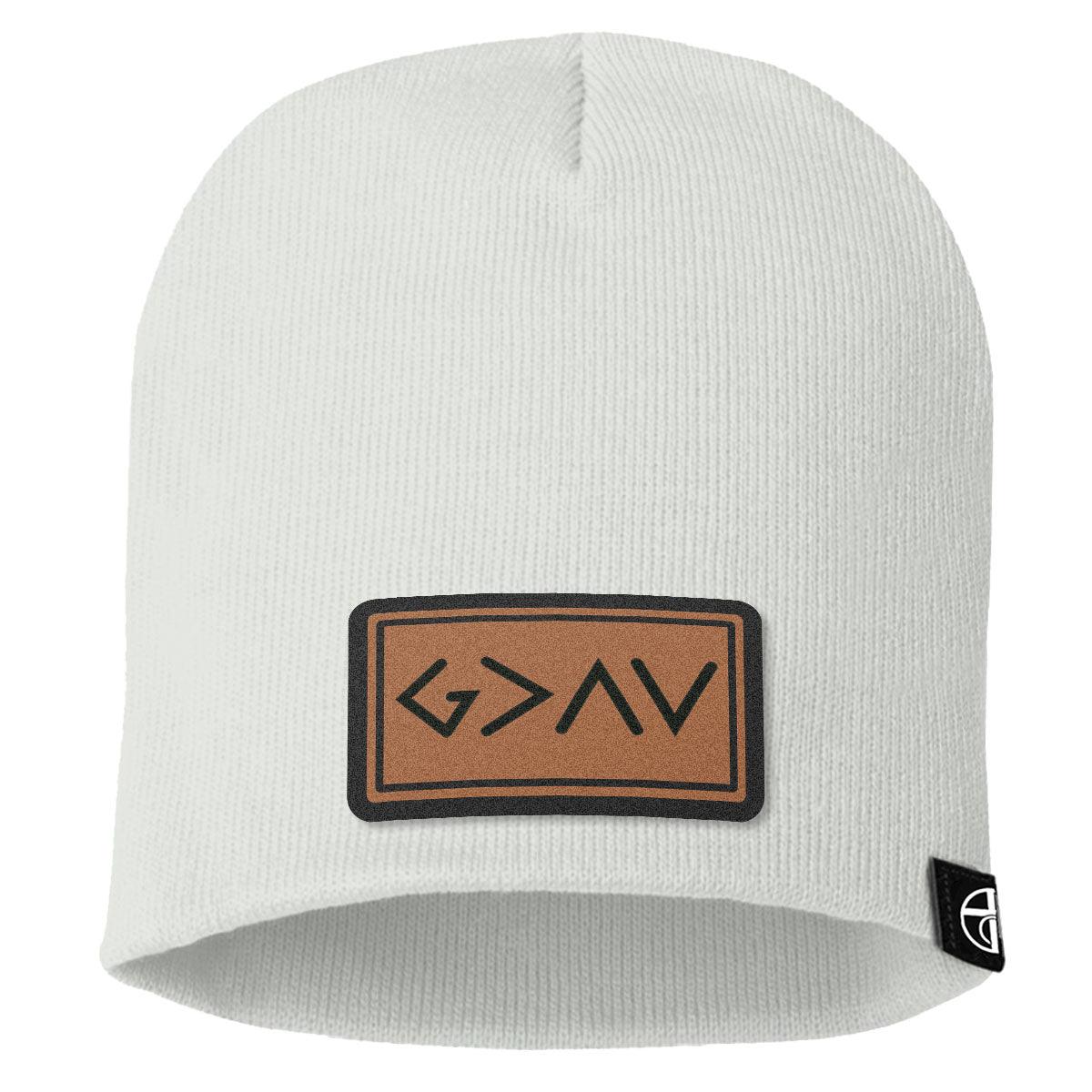 God is Greater Than High and Lows Leather Patch Beanies - Our True God