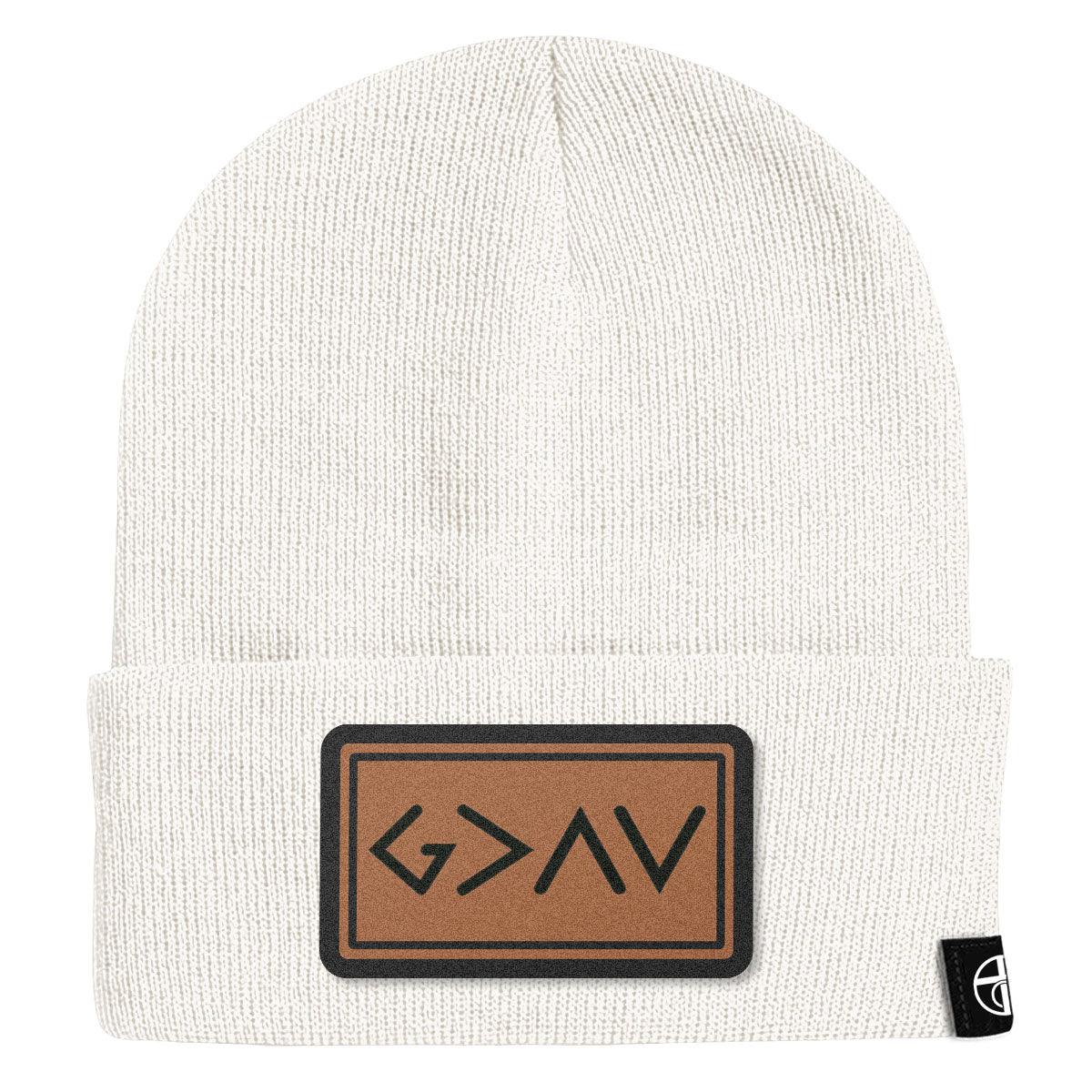 God is Greater Than High and Lows Leather Patch Beanies - Our True God