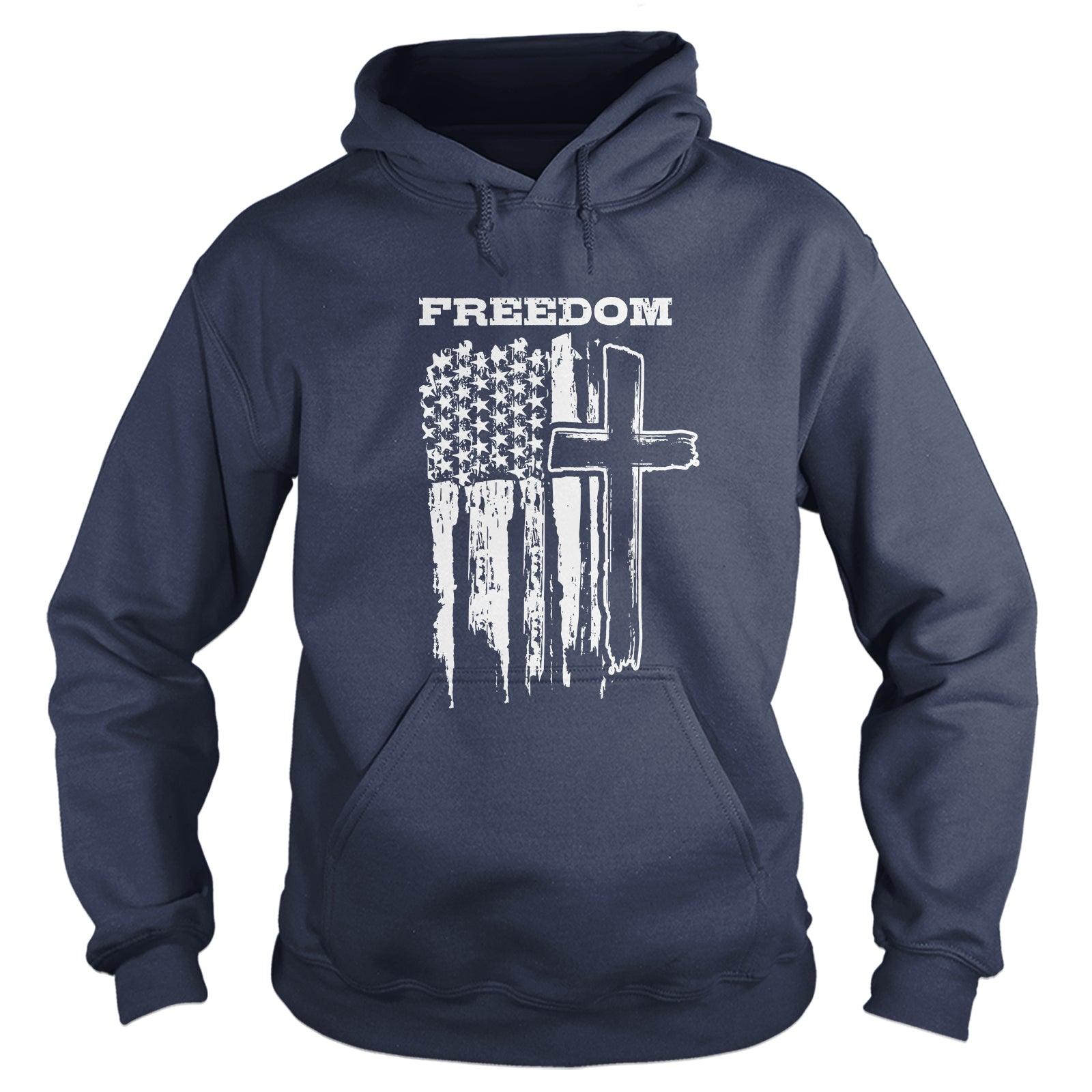 Our True God Apparel Hoodie / Navy / S Freedom Cross Vertical Flag Hoodie