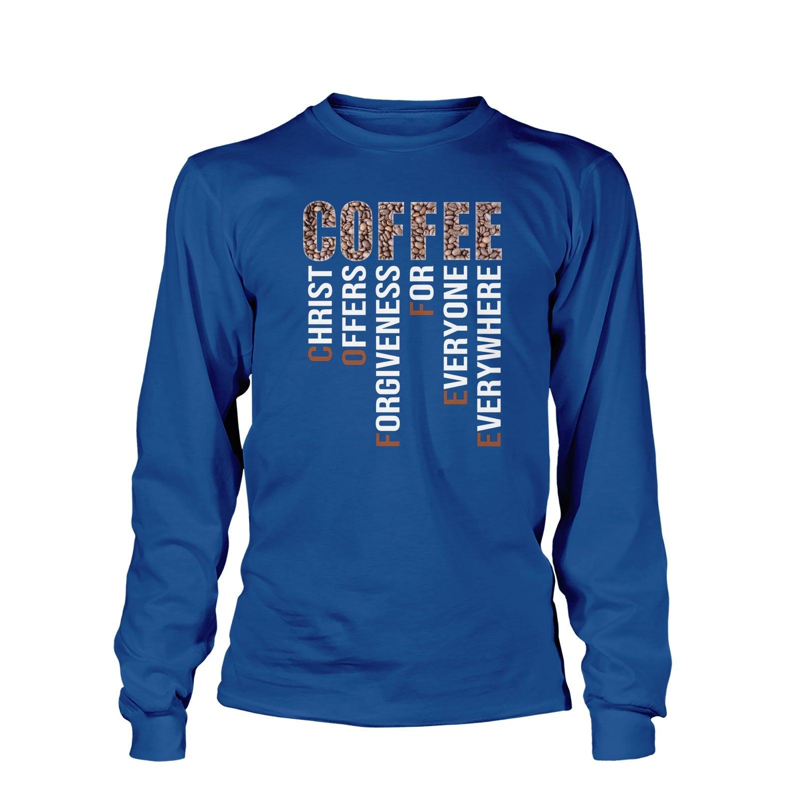 Our True God Apparel Long Sleeves / Royal Blue / S Coffee Christ Offers Forgiveness Long Sleeve T-Shirt