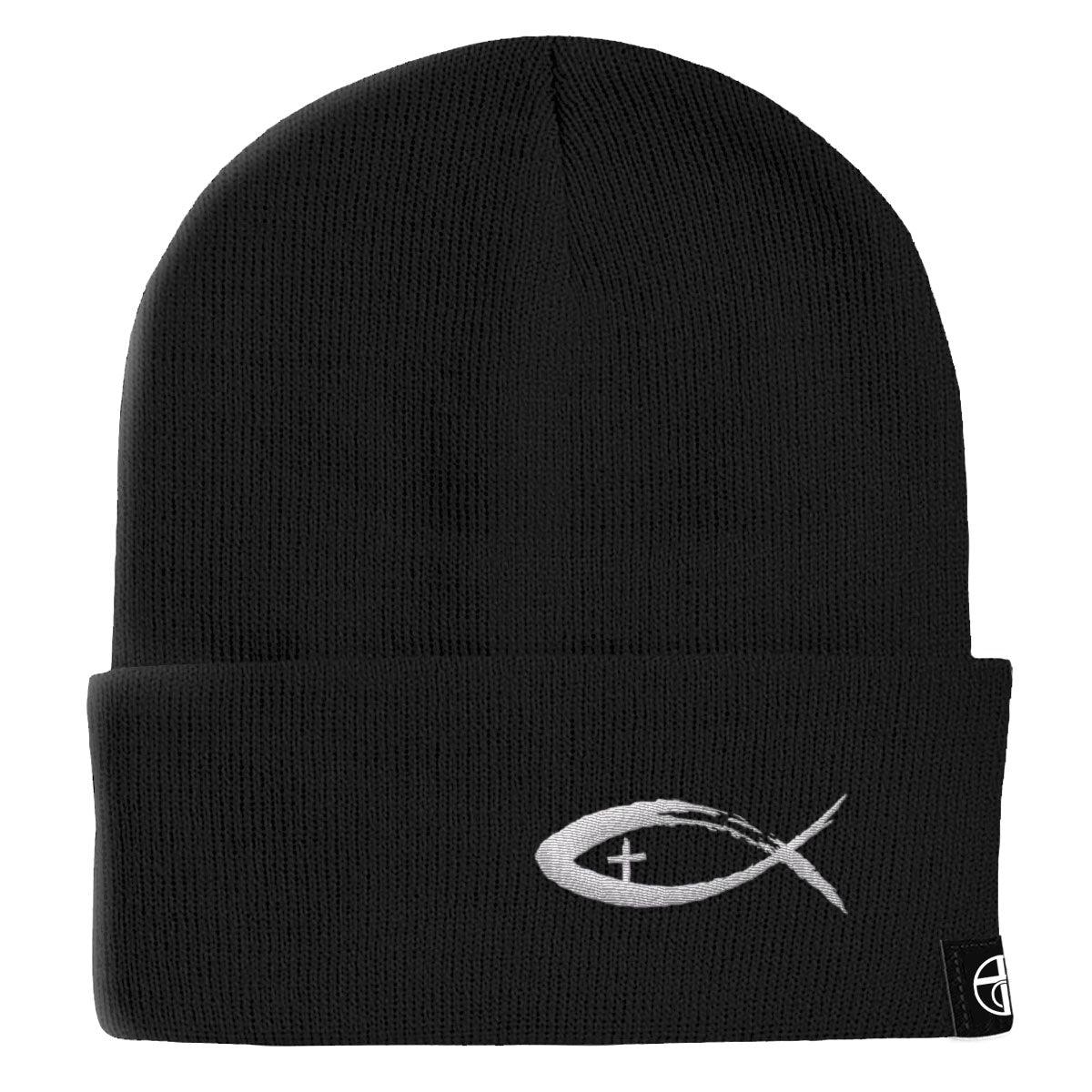 Our True God Hat Cuffed Beanies / Black / One Size Jesus Fish V2 Lower Left Beanies