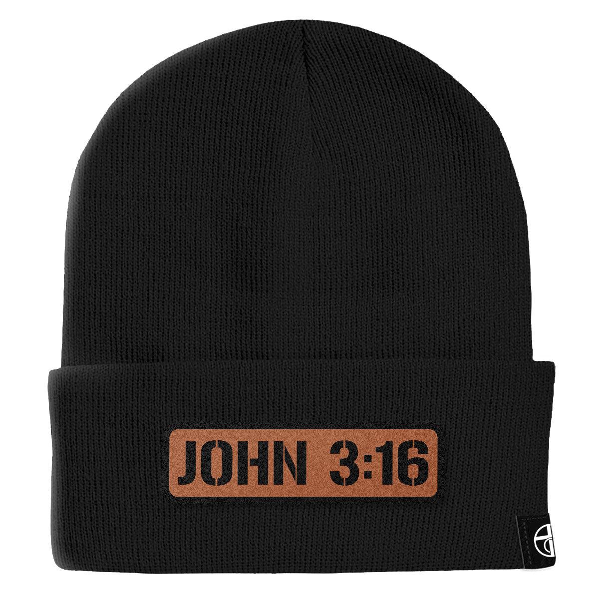 Our True God Hat Cuffed Beanies / Black / One Size John 3:16 Leather Patch Beanies