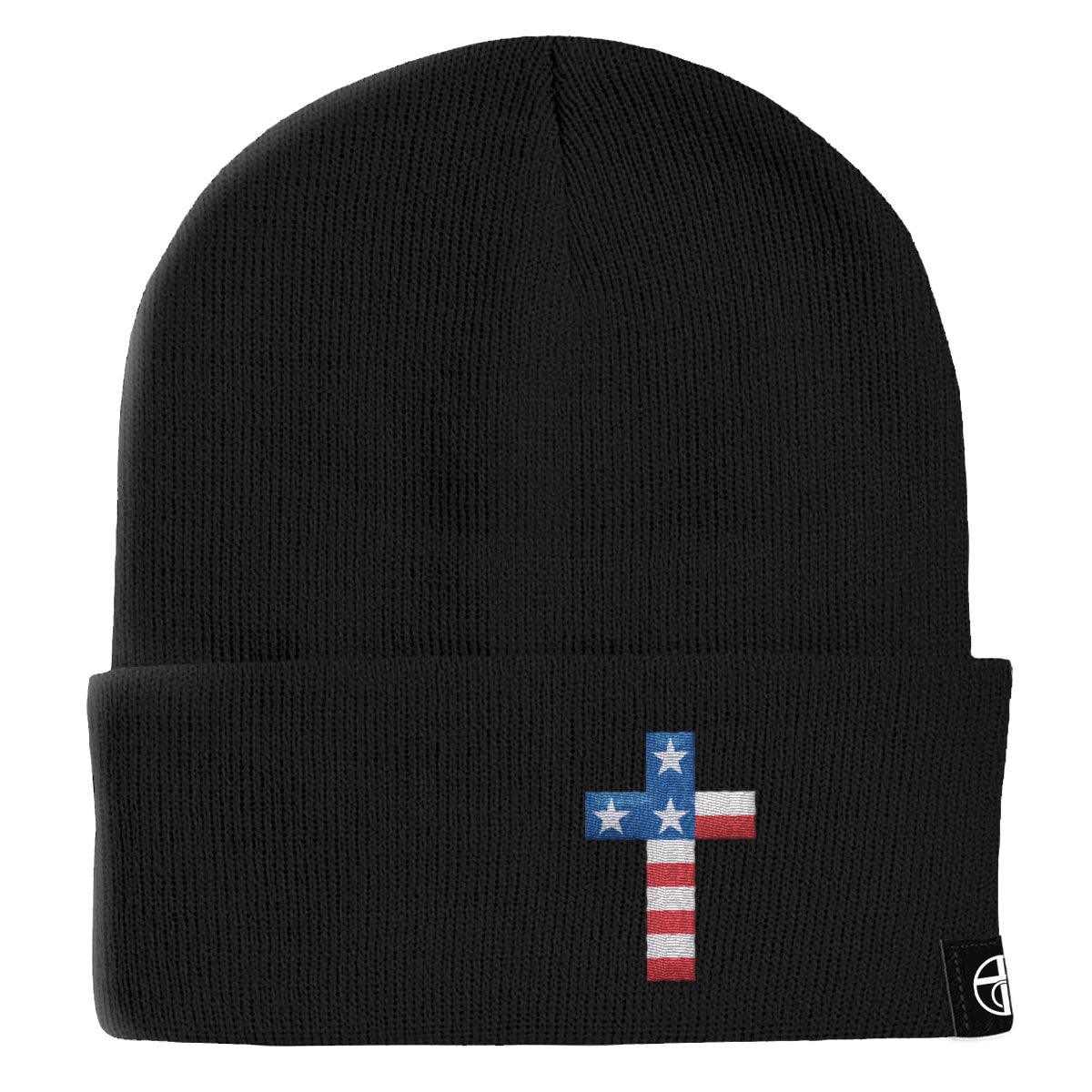 Our True God Hat Cuffed Beanies / Black / One Size USA Flag Cross Beanies