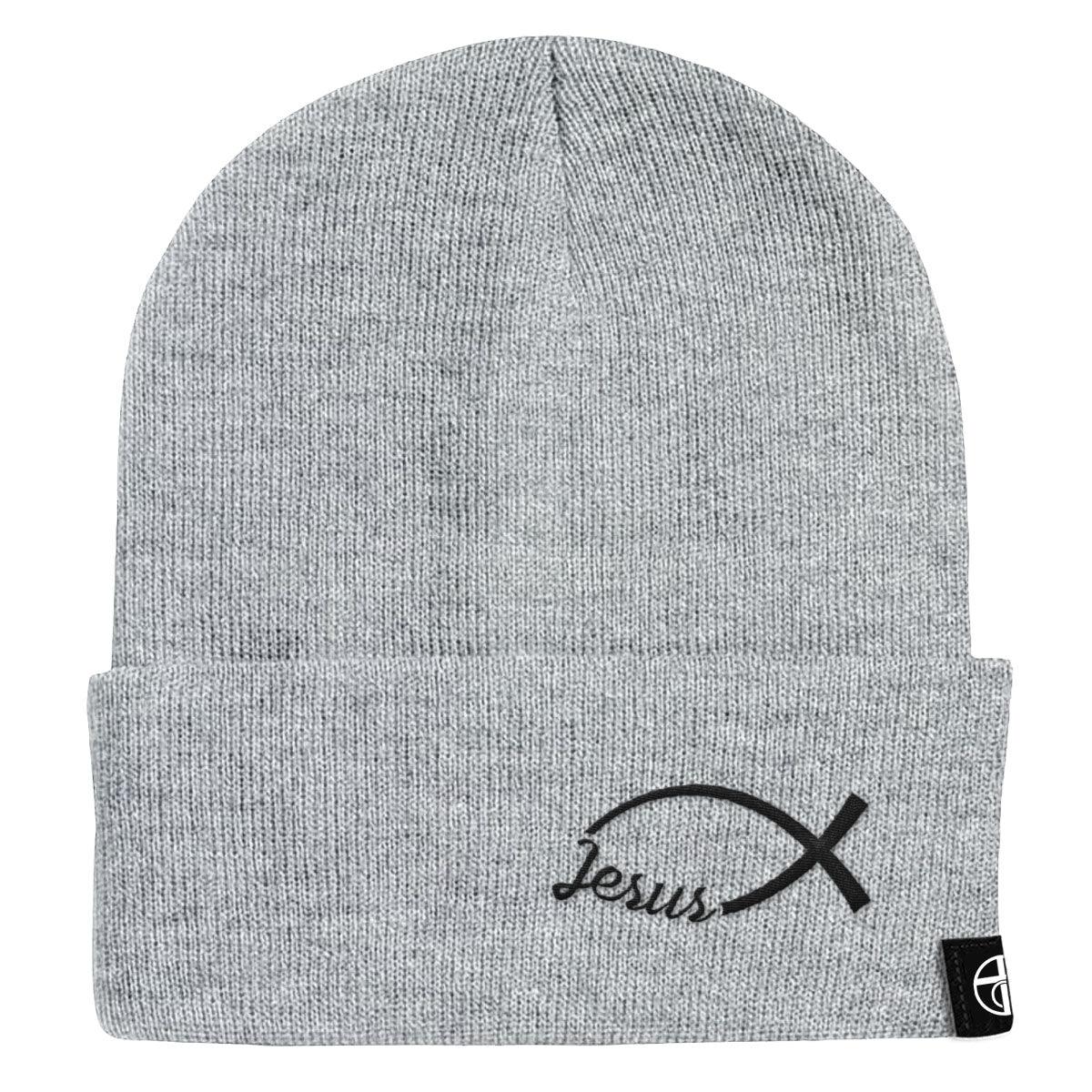 Our True God Hat Cuffed Beanies / Grey / One Size Jesus Fish Lower Left Beanies