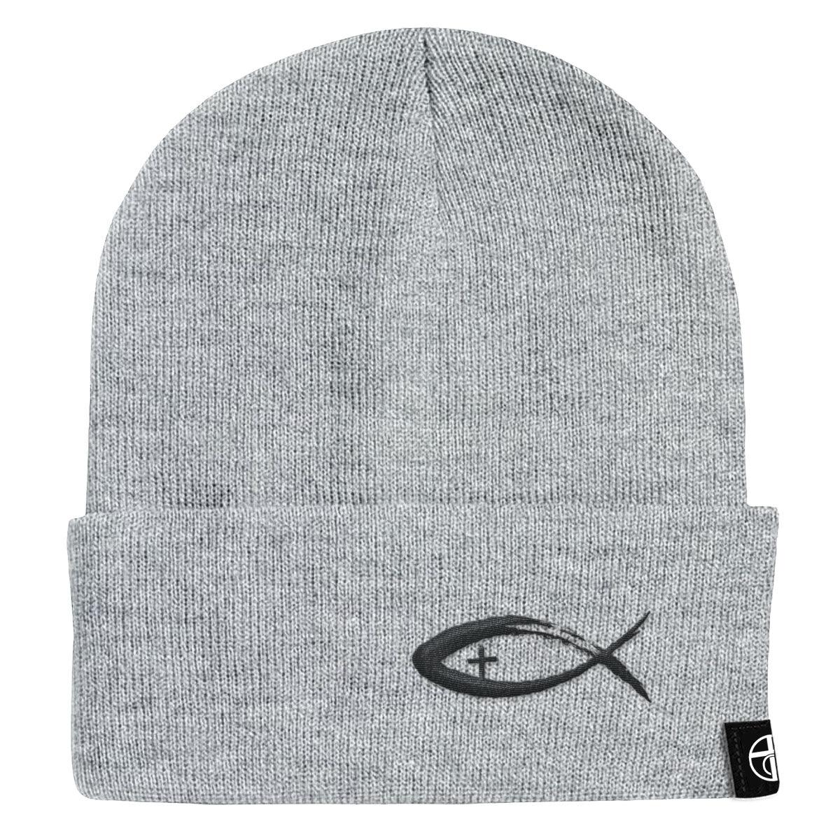 Our True God Hat Cuffed Beanies / Grey / One Size Jesus Fish V2 Lower Left Beanies