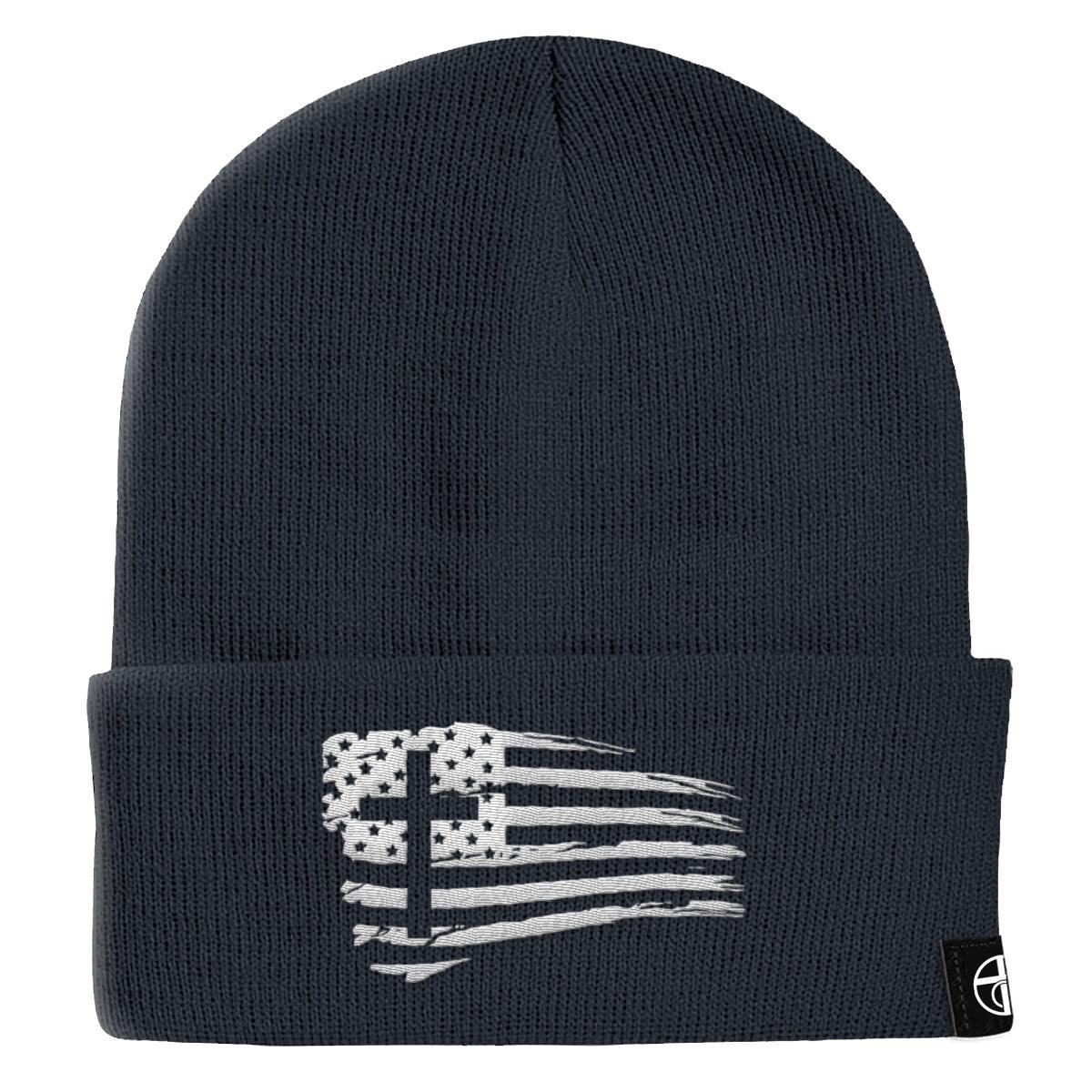 Our True God Hat Cuffed Beanies / Navy / One Size Tattered Flag Cross Beanies