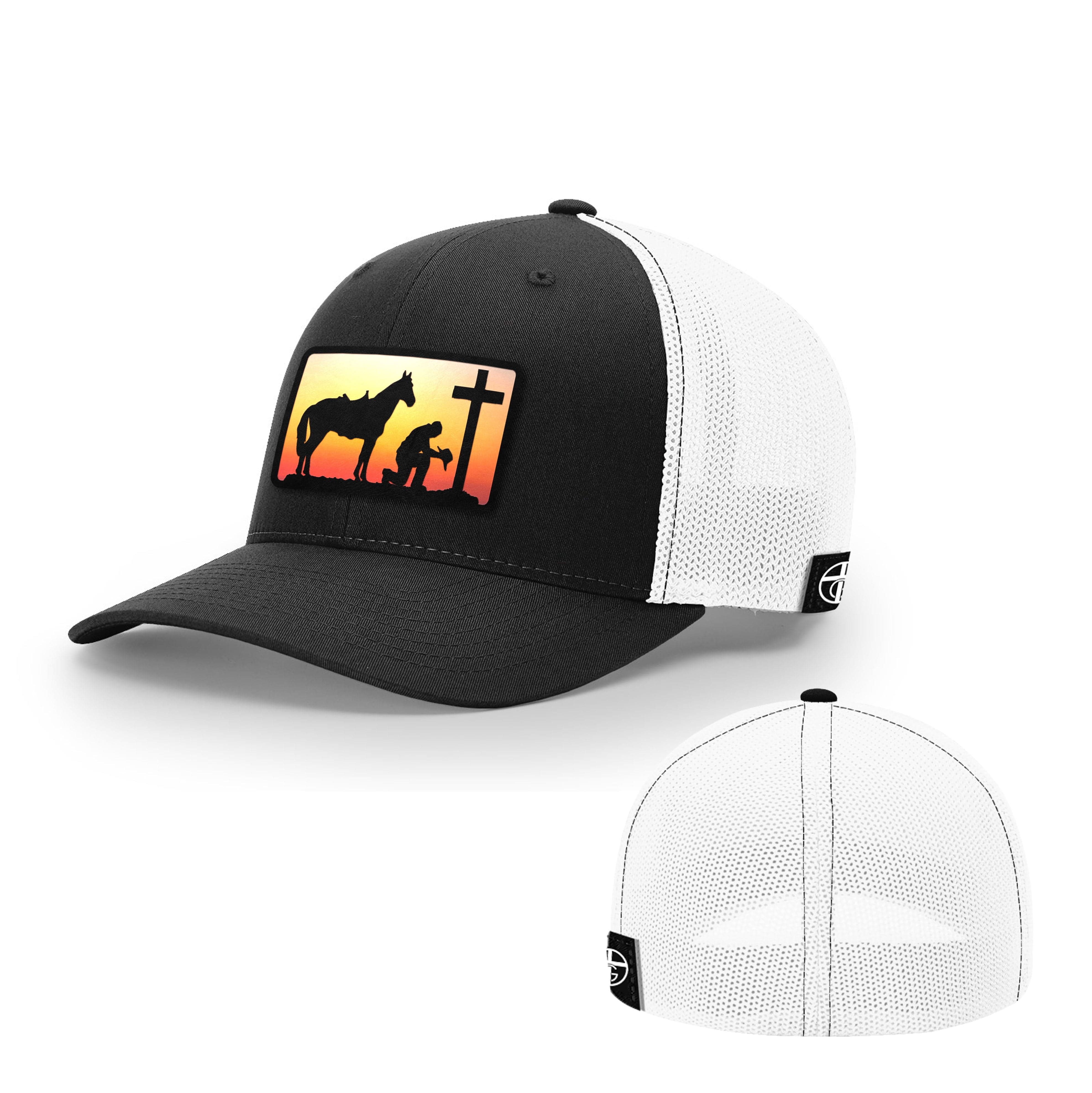 Our True God Hat Flexfit / Black and White / S/M Kneeling Cowboy Patch Hats