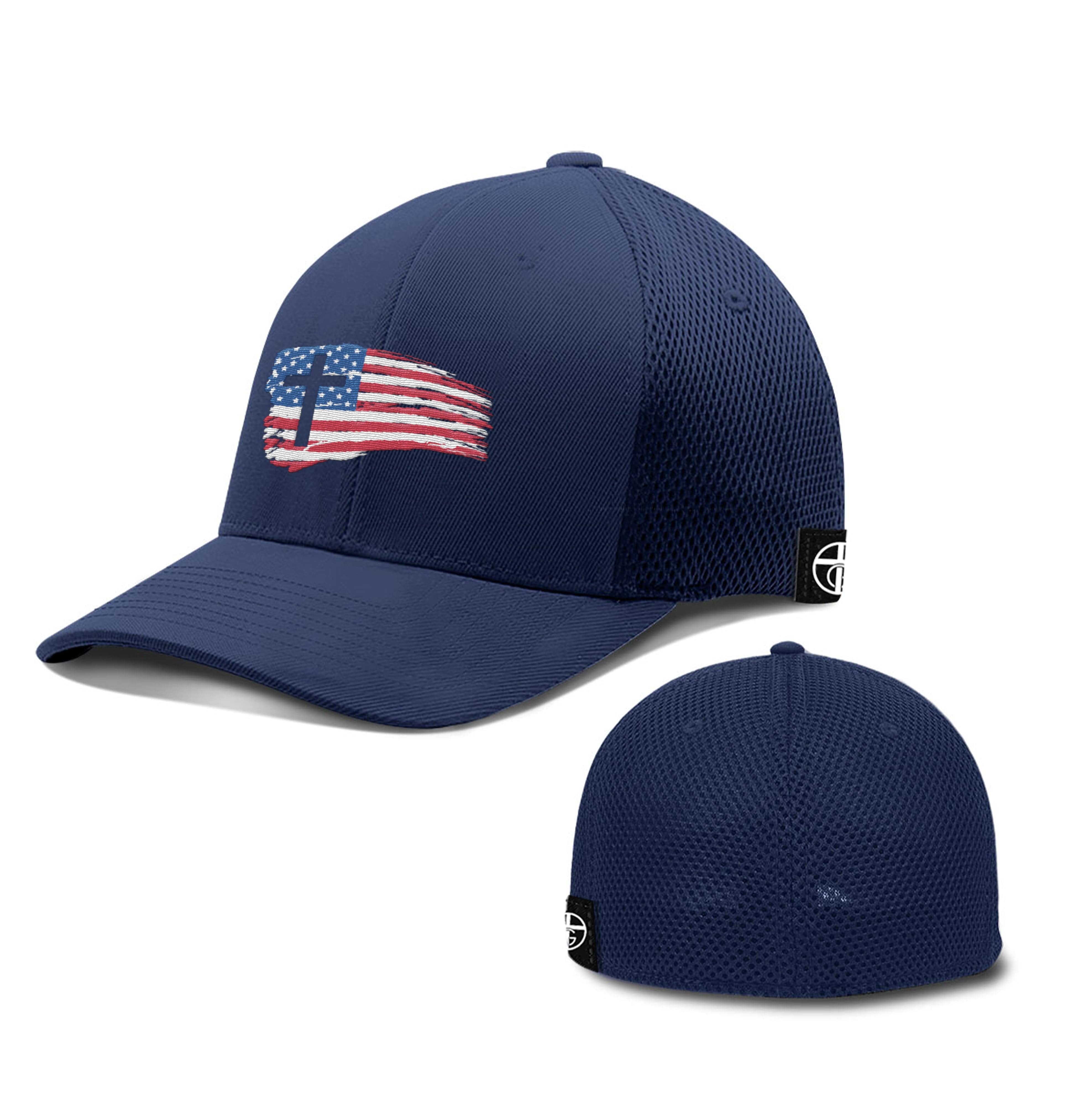 Our True God Hat Flexfit / Deep Navy / S/M Tattered USA Flag Hats