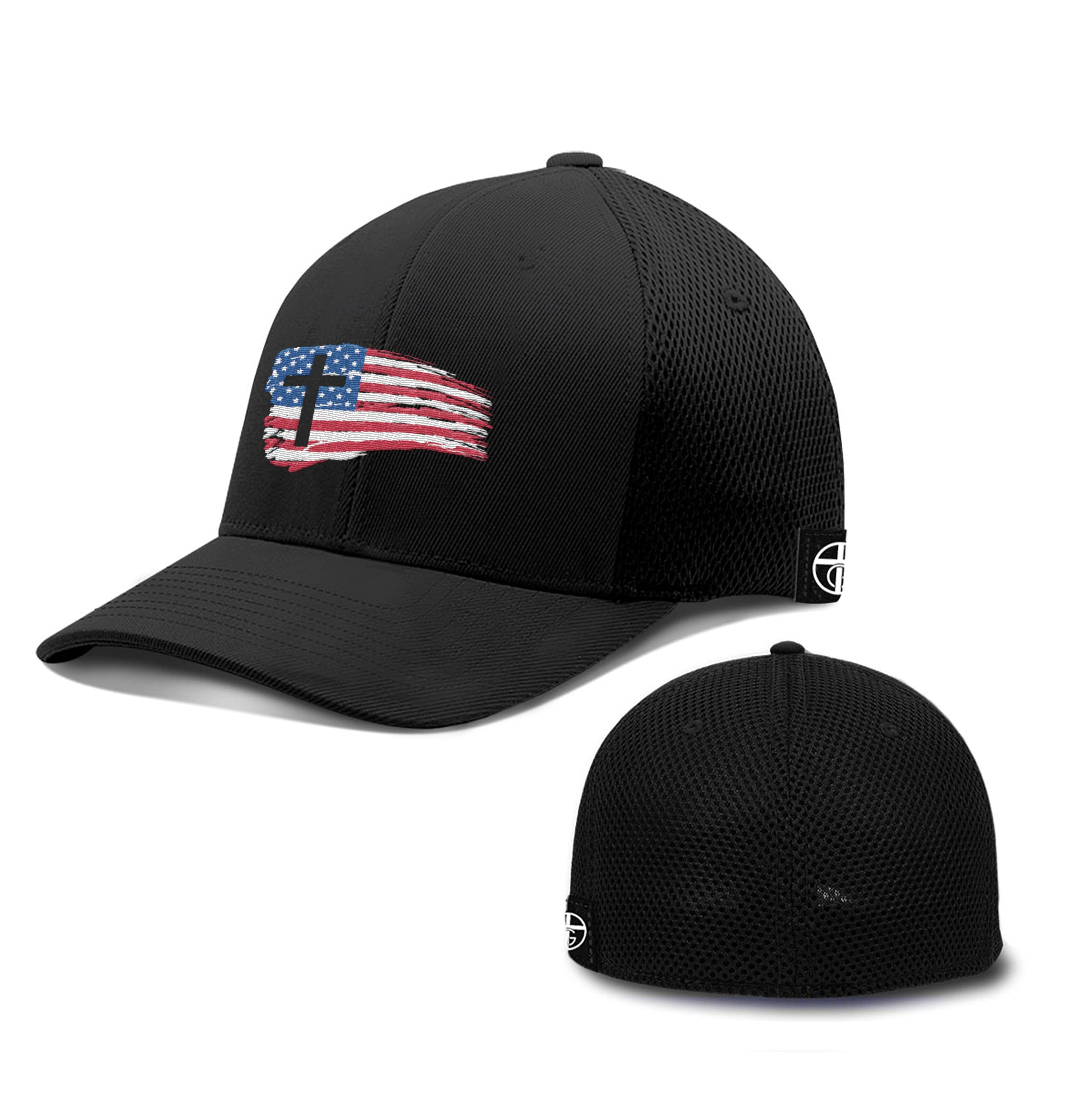 Our True God Hat Flexfit / Full Black / S/M Tattered USA Flag Hats