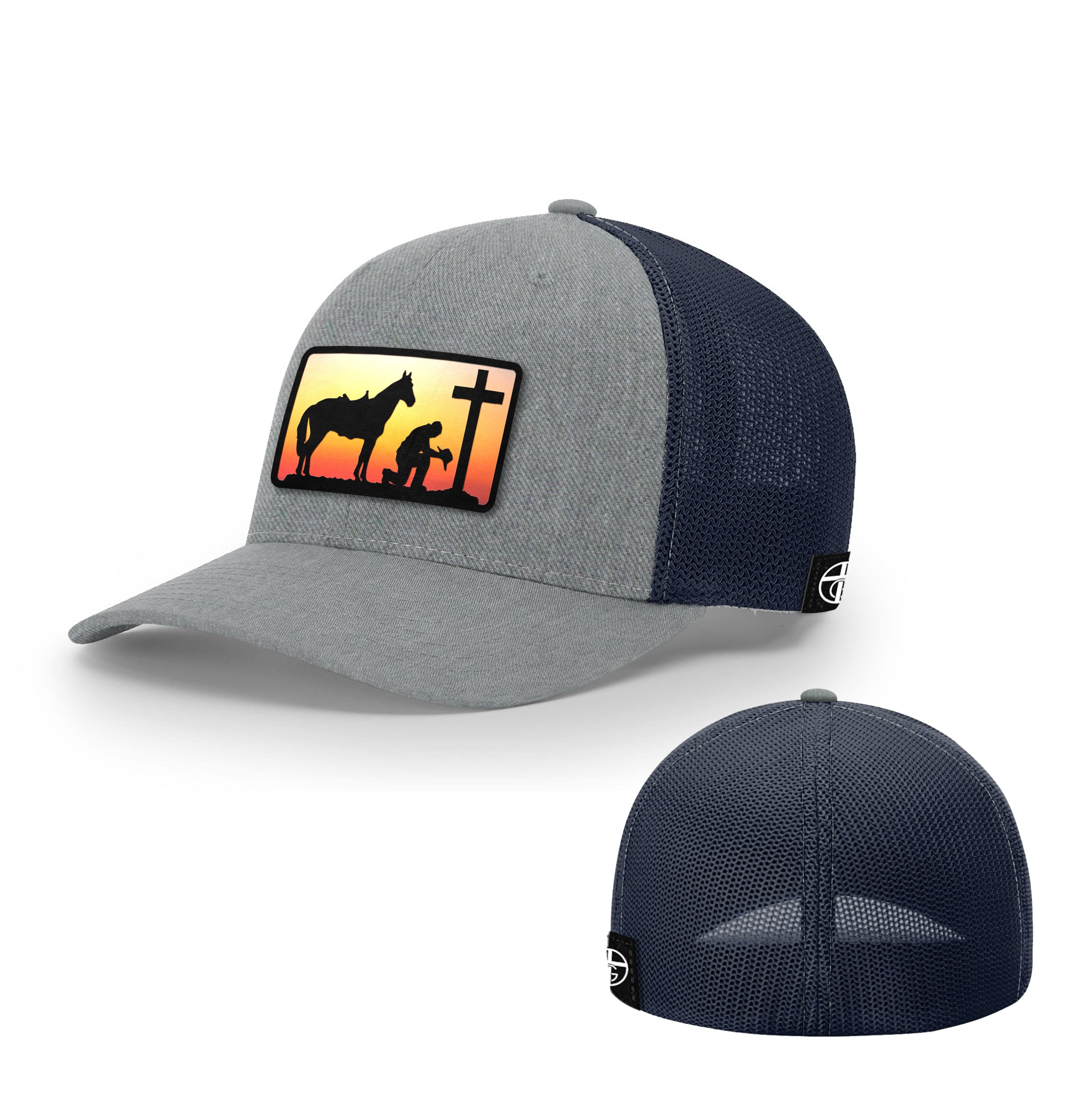 Our True God Hat Flexfit / Heather and Navy / S/M Kneeling Cowboy Patch Hats