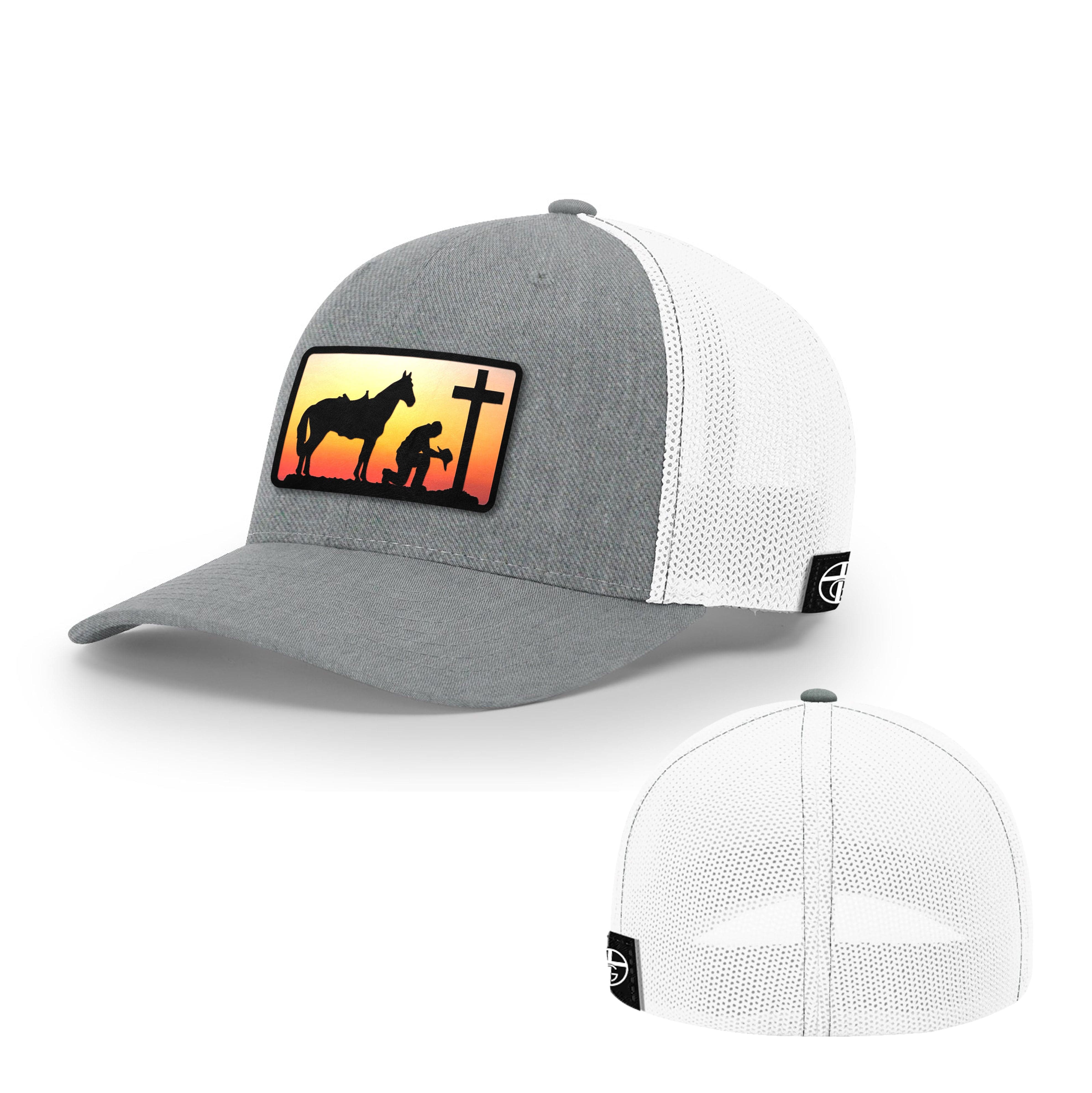 Our True God Hat Flexfit / Heather and White / S/M Kneeling Cowboy Patch Hats