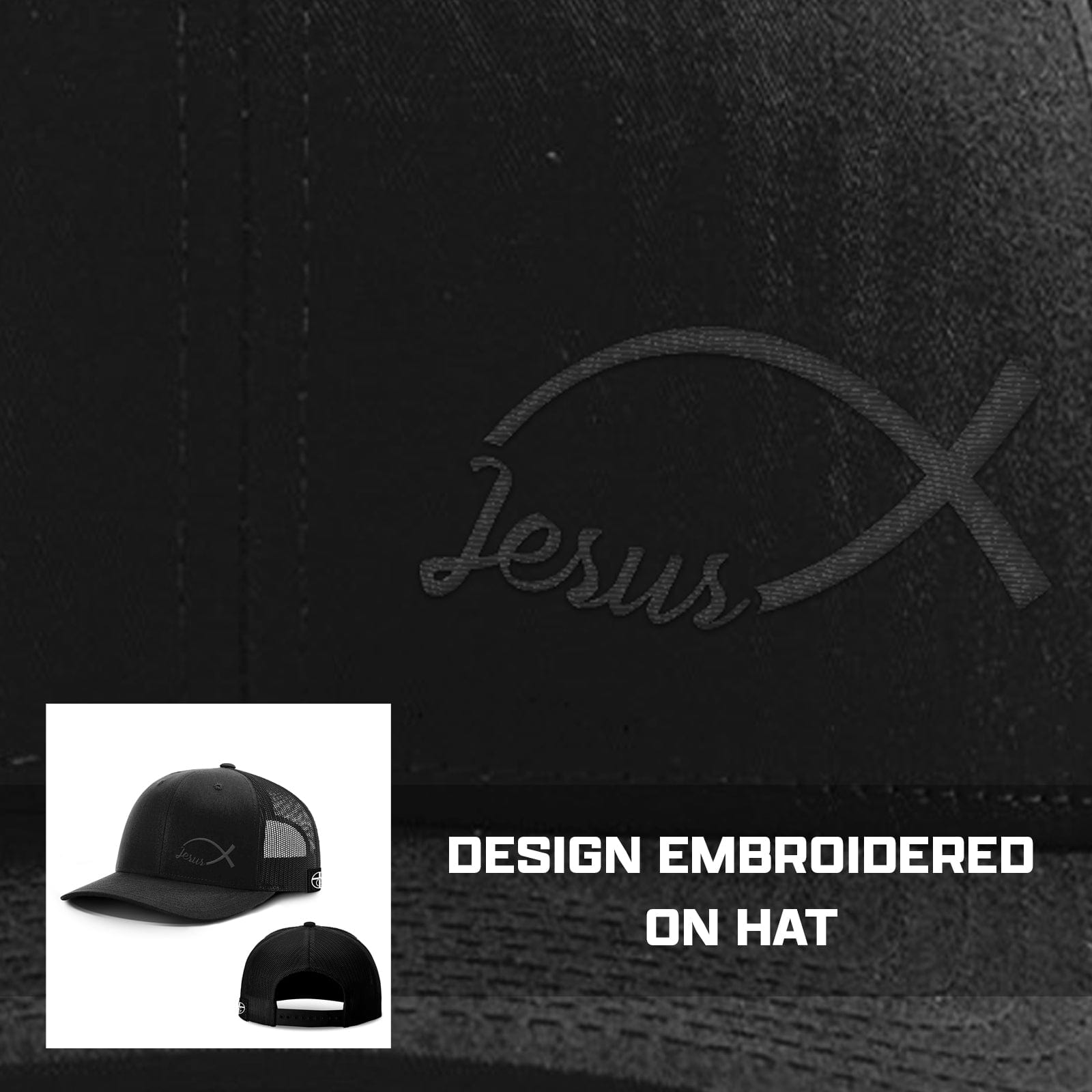 Our True God Hat Jesus Fish Lower Left Blackout Version Hats