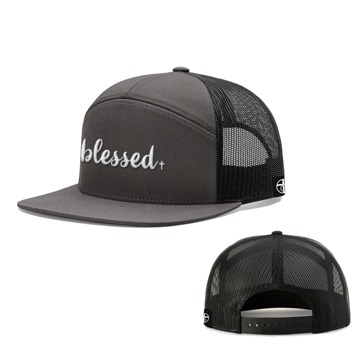 Our True God Hat Seven-Panel Trucker Flatbill / Charcoal and Black / One Size Blessed Cross 7 Panel Hats