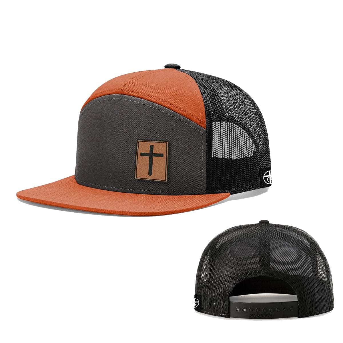 Our True God Hat Seven-Panel Trucker Flatbill / Charcoal and Burnt Orange and Black / One Size Cross Leather Patch 7 Panel Hats