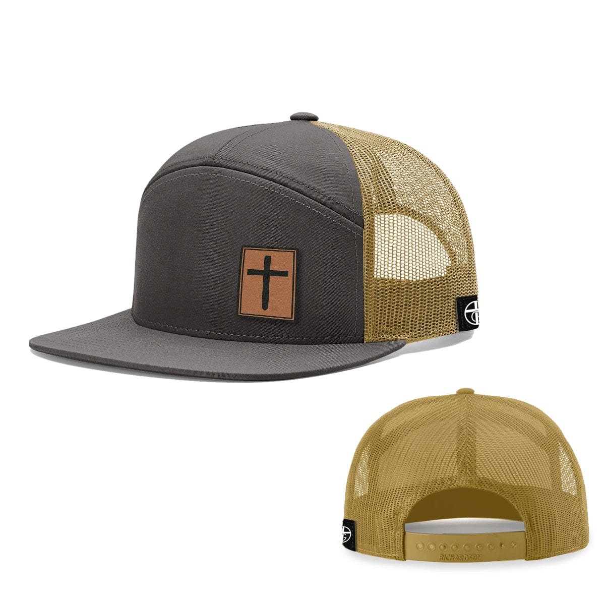 Our True God Hat Seven-Panel Trucker Flatbill / Charcoal and Old Gold / One Size Cross Leather Patch 7 Panel Hats