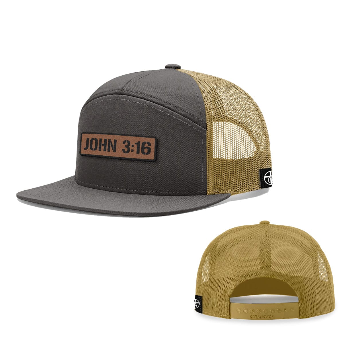 Our True God Hat Seven-Panel Trucker Flatbill / Charcoal and Old Gold / One Size John 3:16 Leather Patch 7 Panel Hats