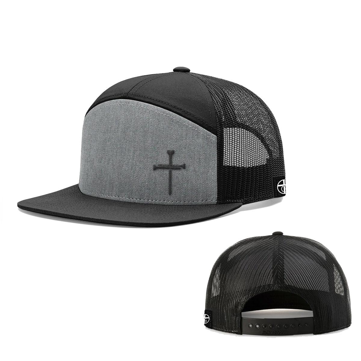 Our True God Hat Seven-Panel Trucker Flatbill / Heather and Black Nail Cross Lower Left 7 Panel Hats