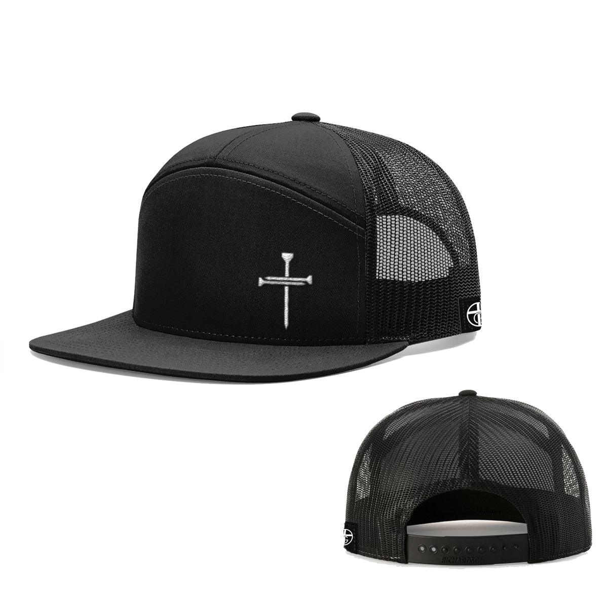 Our True God Hat Seven-Panel Trucker Flatbill / Heather and Black Nail Cross Lower Left 7 Panel Hats