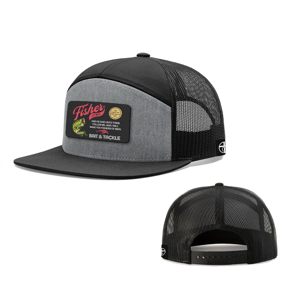 Our True God Hat Seven-Panel Trucker Flatbill / Heather and Black / One Size Fisher Of Men Patch 7 Panel Hats