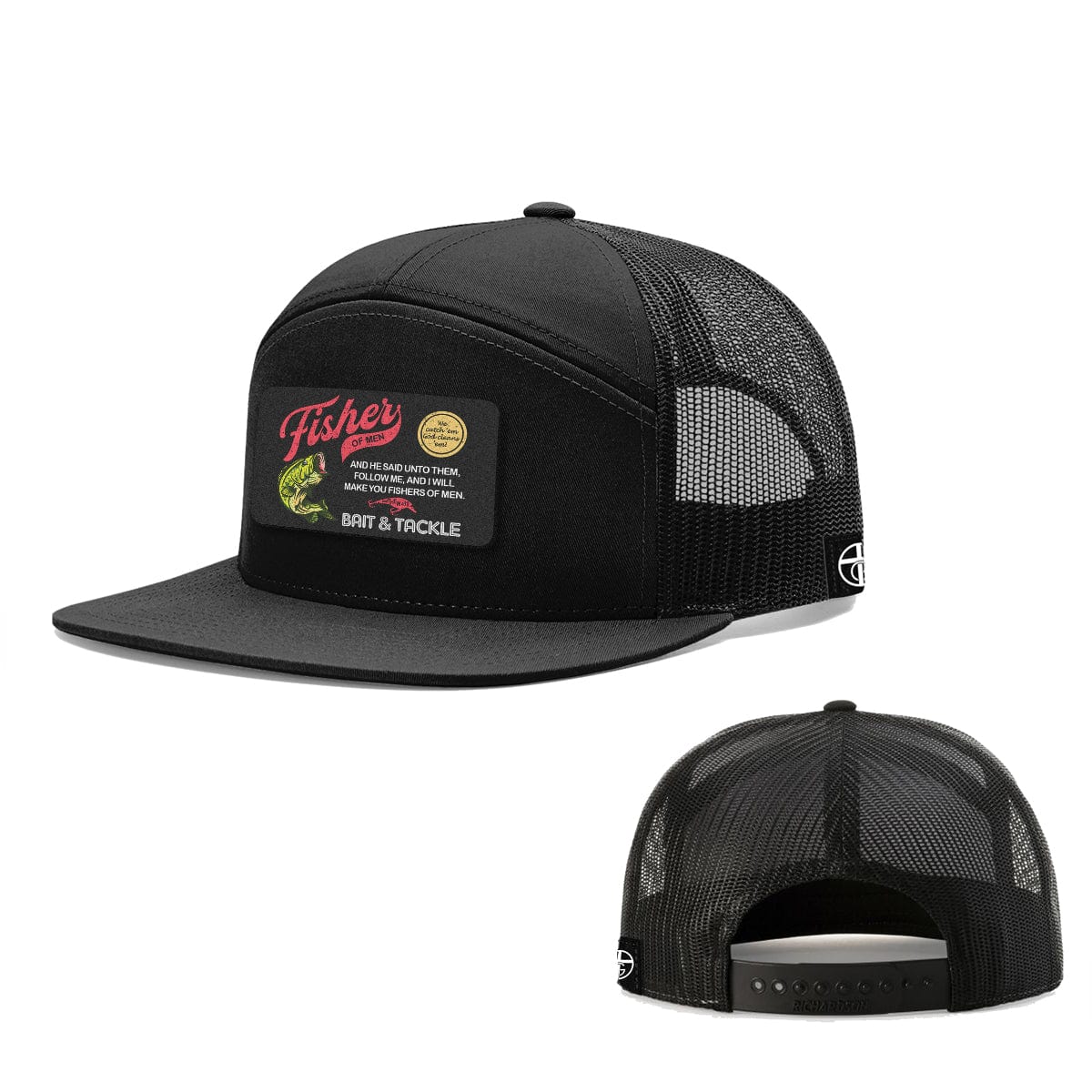 Our True God Hat Seven-Panel Trucker Flatbill / Heather and Black / One Size Fisher Of Men Patch 7 Panel Hats