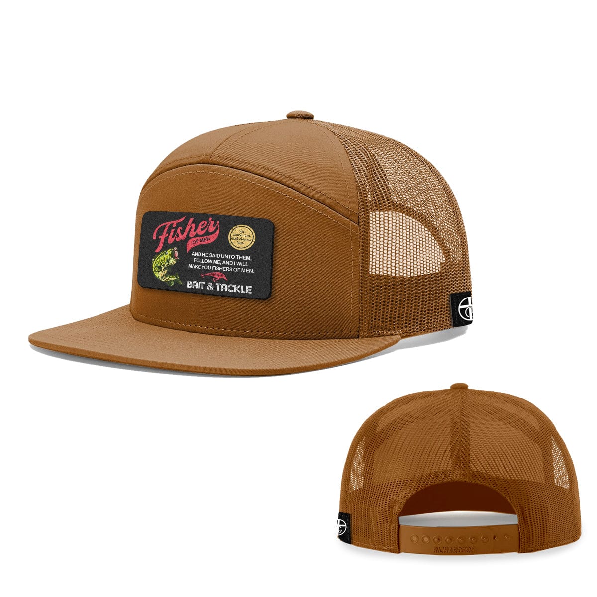 Our True God Hat Seven-Panel Trucker Flatbill / Heather and Black / One Size Fisher Of Men Patch 7 Panel Hats