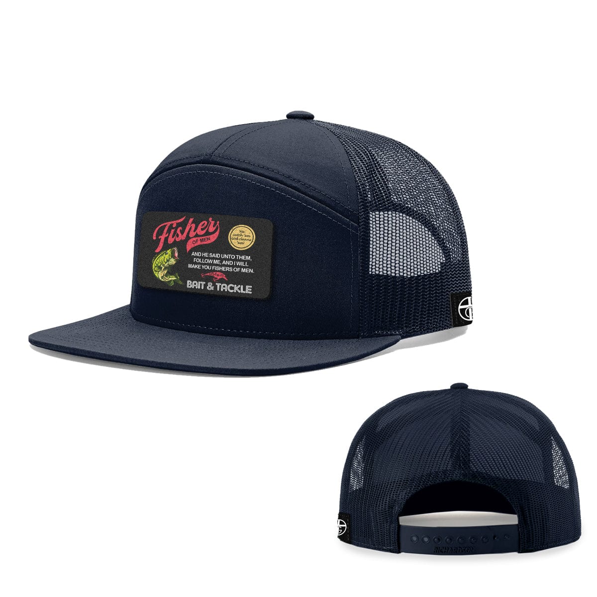 Our True God Hat Seven-Panel Trucker Flatbill / Heather and Black / One Size Fisher Of Men Patch 7 Panel Hats