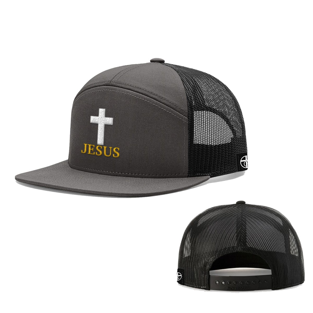 Our True God Hat Seven-Panel Trucker Flatbill / Heather and Black / One Size Jesus Cross 7 Panel Hats