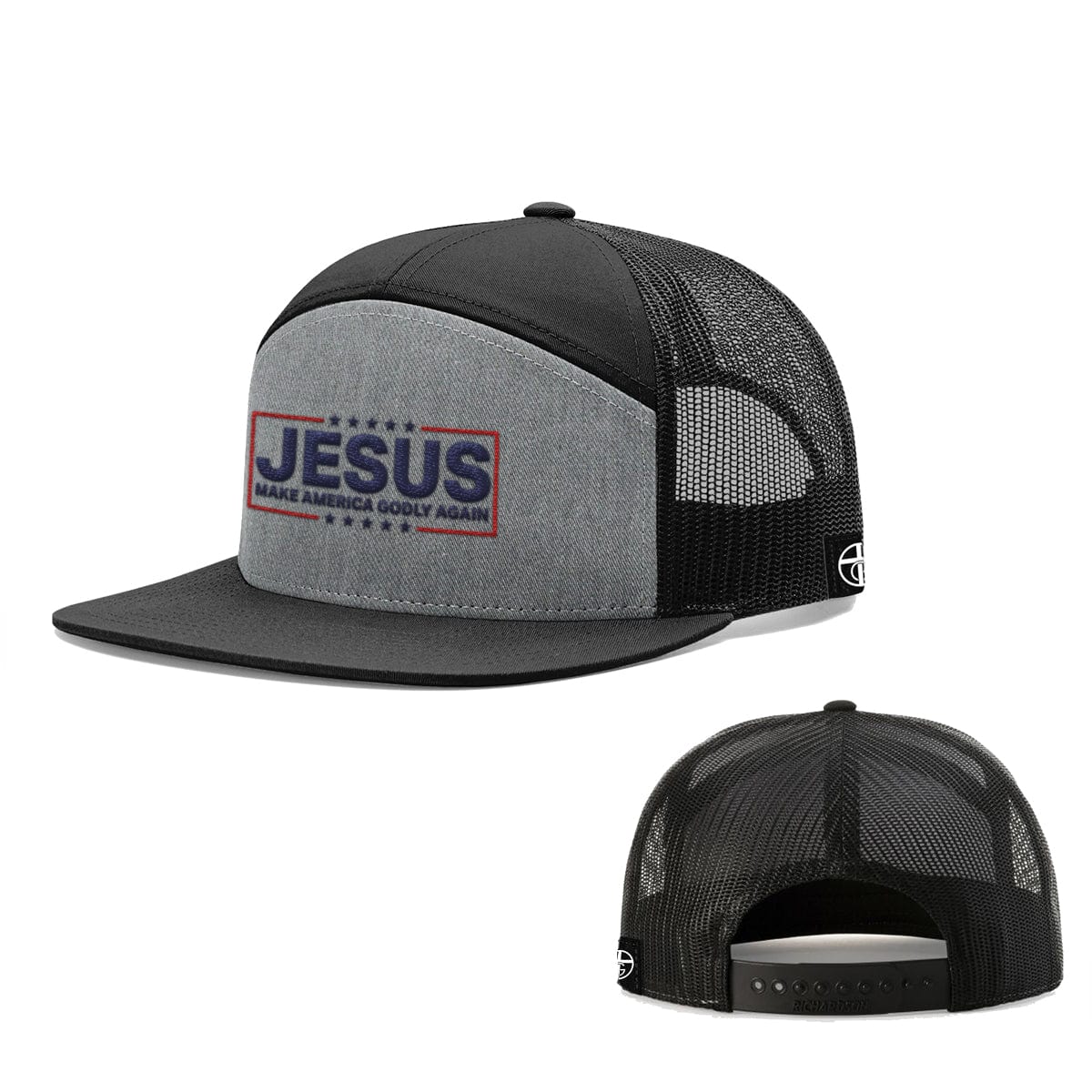 Our True God Hat Seven-Panel Trucker Flatbill / Heather and Black / One Size Jesus Make America Godly Again 7 Panel Hats