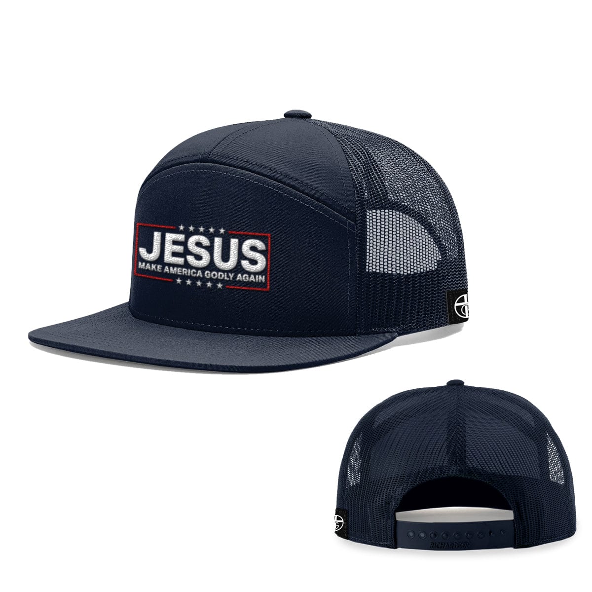 Our True God Hat Seven-Panel Trucker Flatbill / Heather and Black / One Size Jesus Make America Godly Again 7 Panel Hats