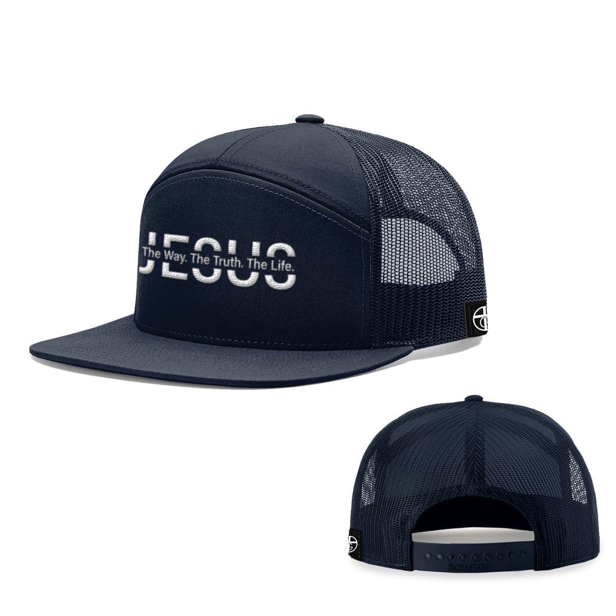 Our True God Hat Seven-Panel Trucker Flatbill / Heather and Black / One Size Jesus The Way. The Truth. The Life. 7 Panel Hats