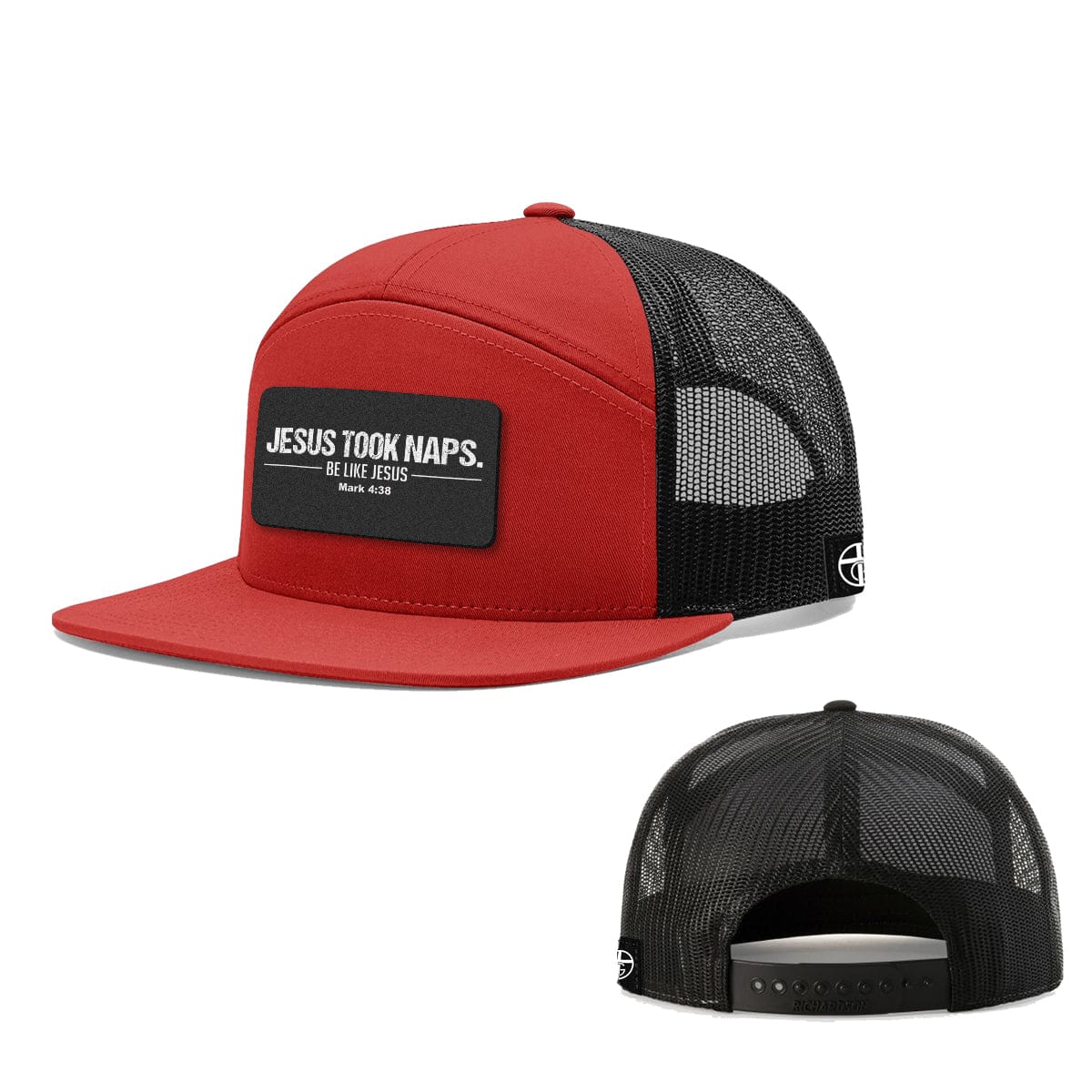 Our True God Hat Seven-Panel Trucker Flatbill / Heather and Black / One Size Jesus Took Naps 7 Panel Hats