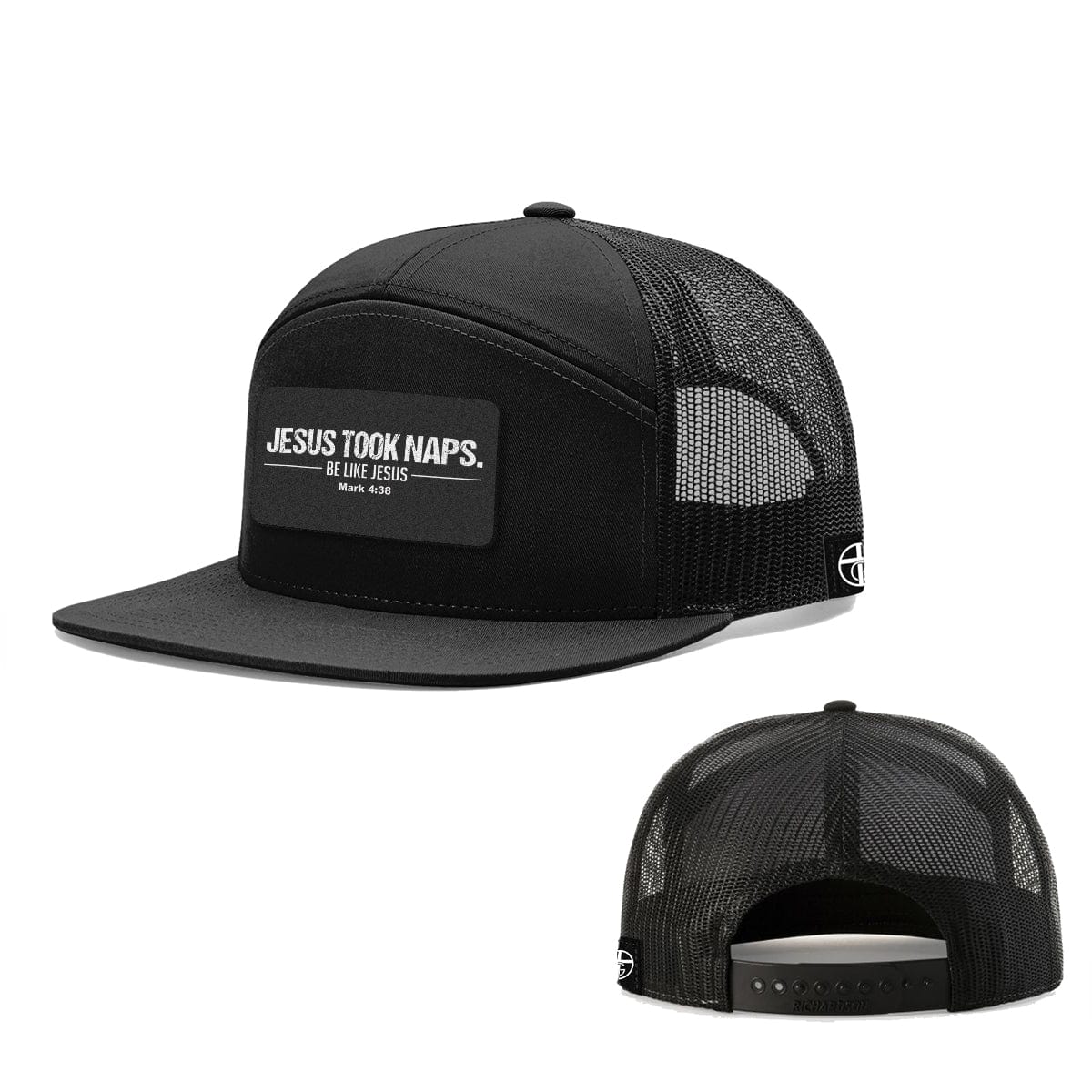 Our True God Hat Seven-Panel Trucker Flatbill / Heather and Black / One Size Jesus Took Naps 7 Panel Hats