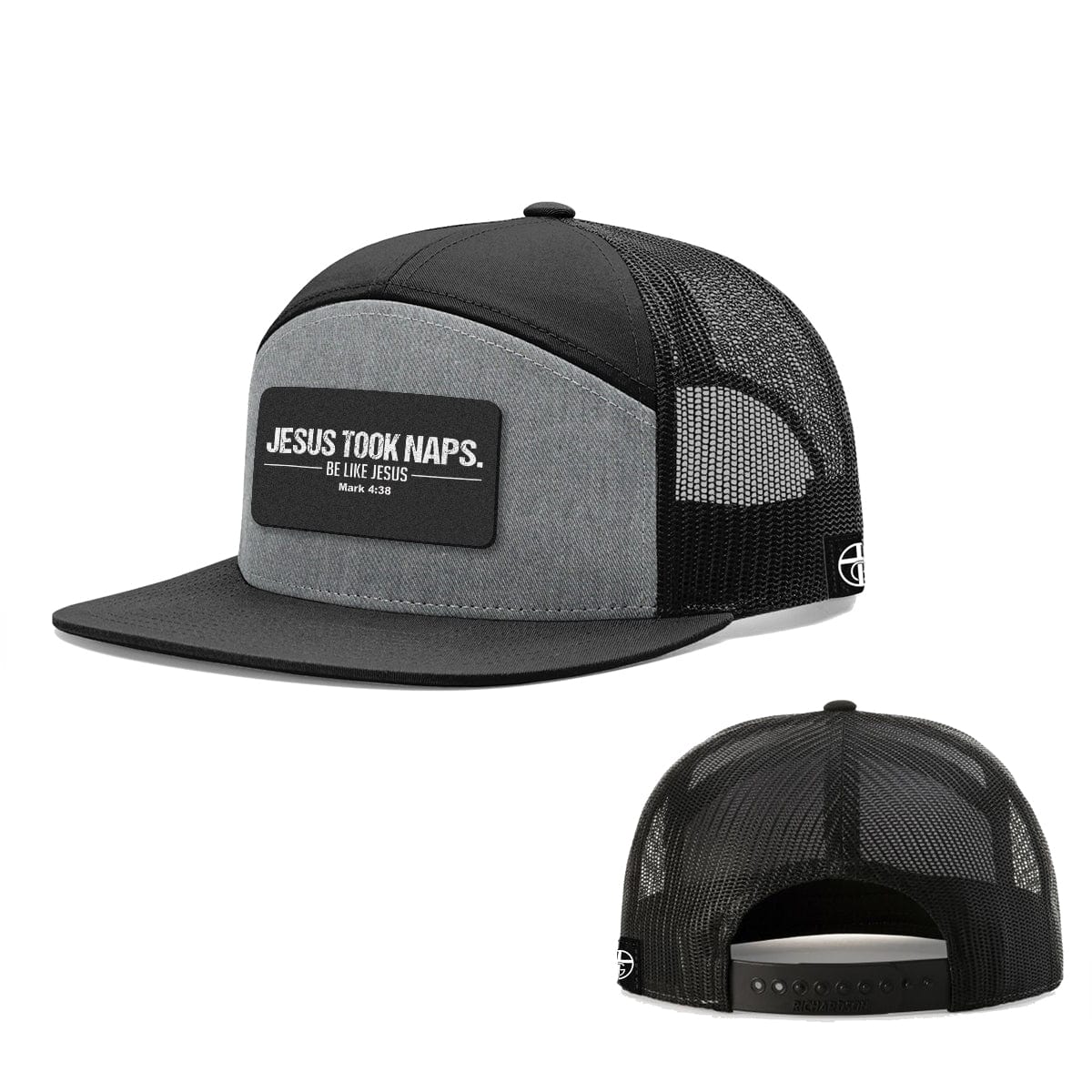 Our True God Hat Seven-Panel Trucker Flatbill / Heather and Black / One Size Jesus Took Naps 7 Panel Hats