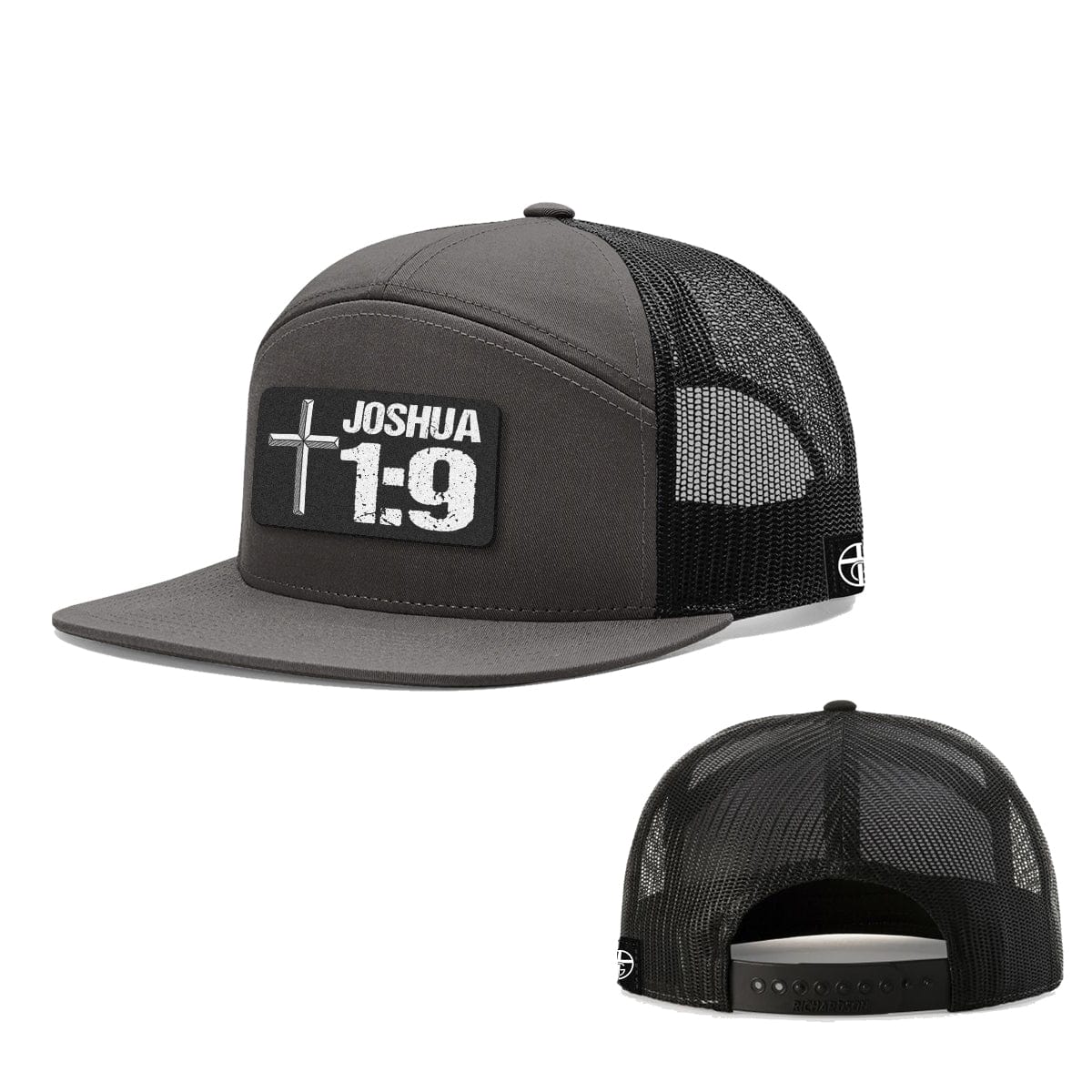 Our True God Hat Seven-Panel Trucker Flatbill / Heather and Black / One Size Joshua 1:9 Patch 7 Panel Hats