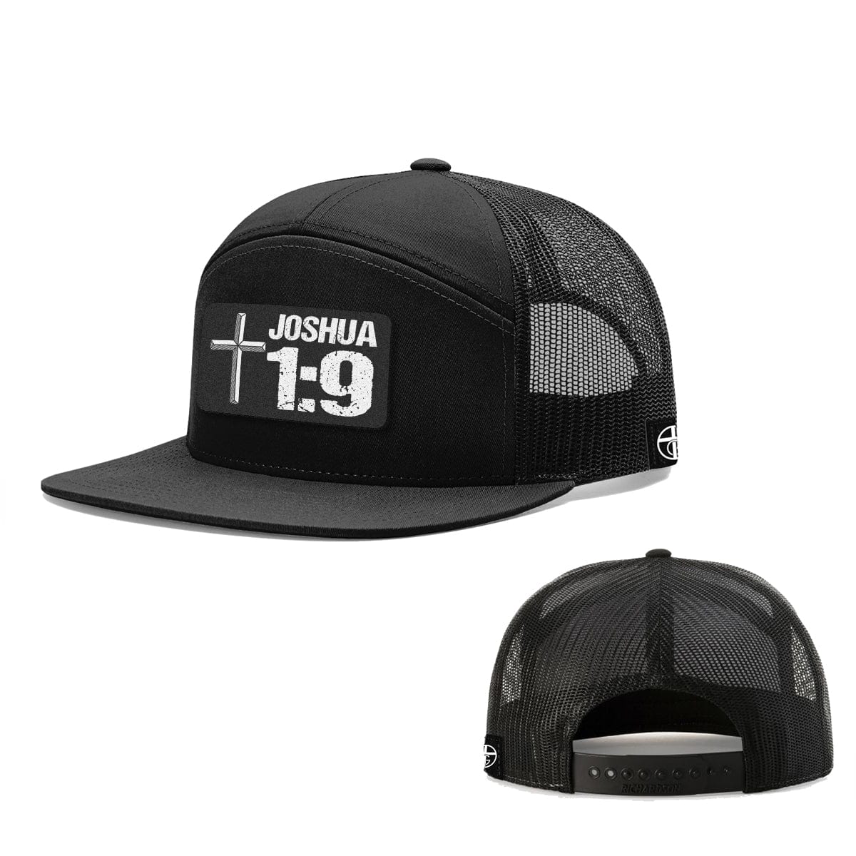 Our True God Hat Seven-Panel Trucker Flatbill / Heather and Black / One Size Joshua 1:9 Patch 7 Panel Hats