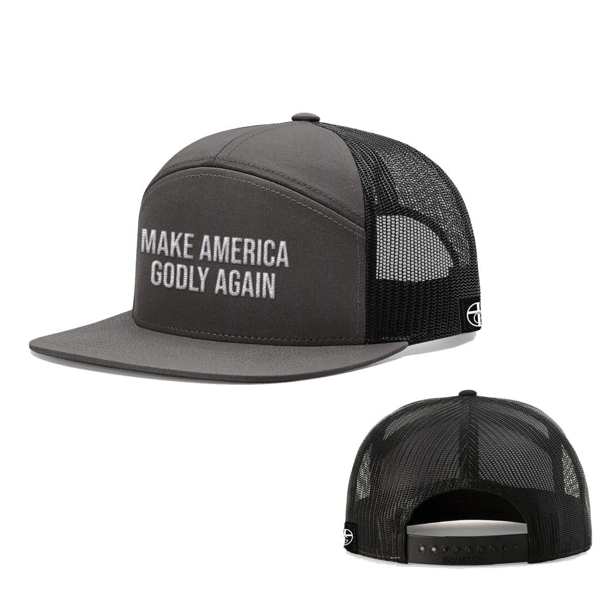 Our True God Hat Seven-Panel Trucker Flatbill / Heather and Black / One Size Make America Godly Again 7 Panel Hats