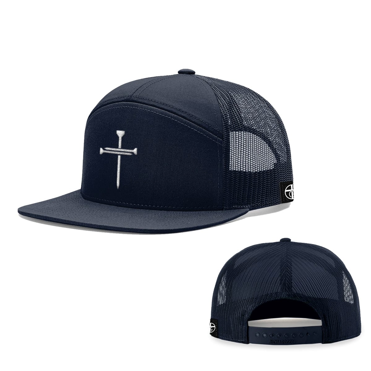 Our True God Hat Seven-Panel Trucker Flatbill / Heather and Black / One Size Nail Cross Center 7 Panel Hats