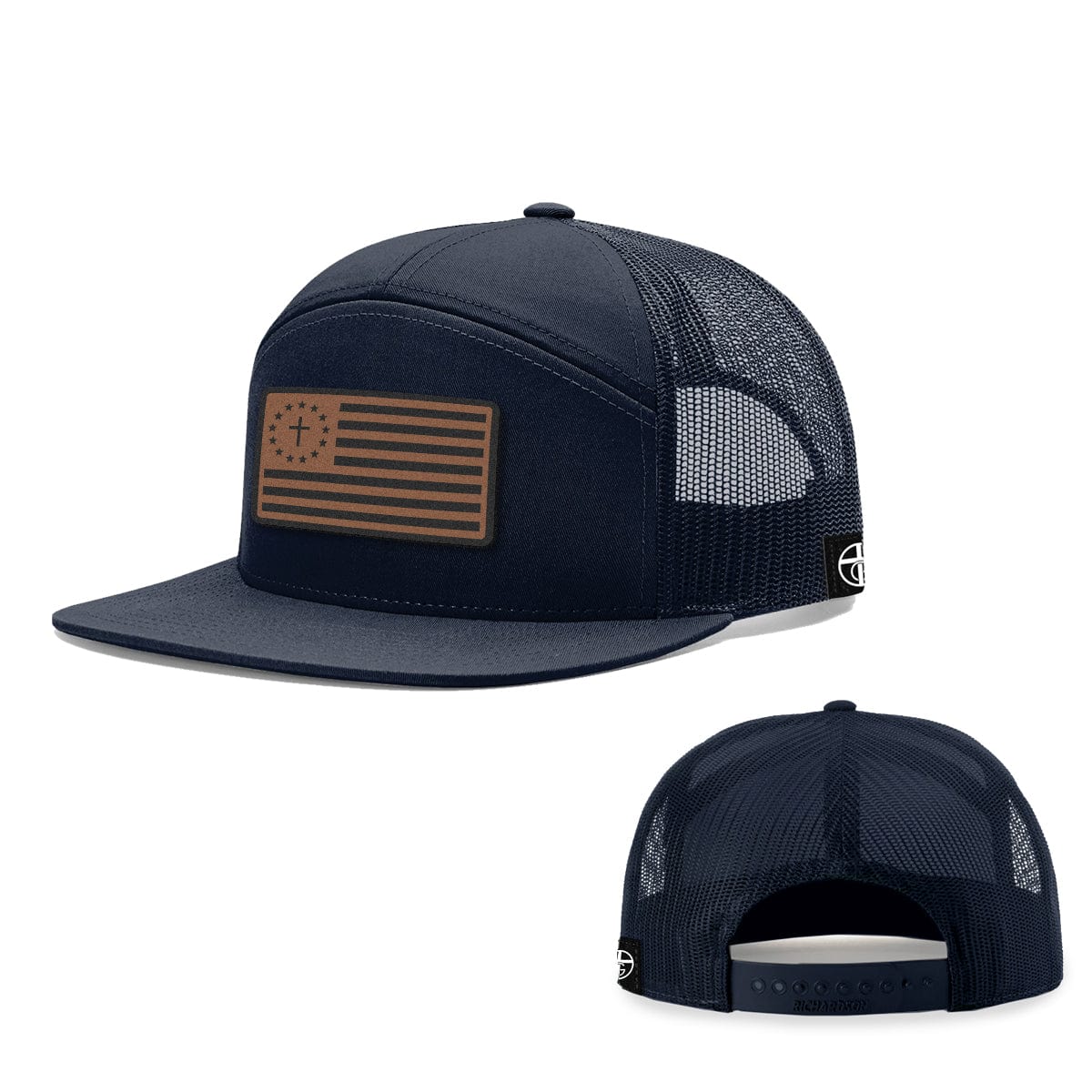 Our True God Hat Seven-Panel Trucker Flatbill / Heather and Black / One Size One Nation Under God Leather Patch 7 Panel Hats